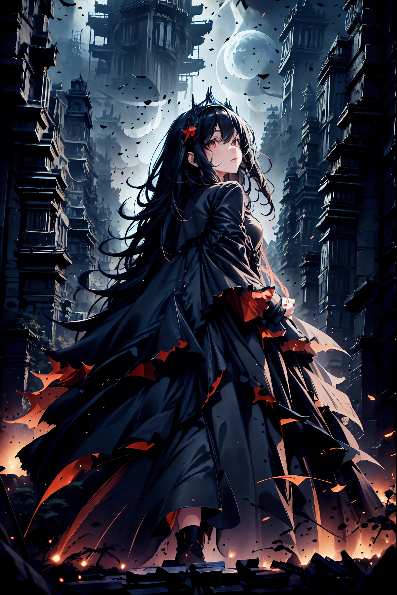 The World of Vampires,Family of Vampires,Crimson Night、Shadows ,Detailed Photorealistic Portraits,bust shot,cowboy shot in a dirty abandoned house,gem,black tiara,pale face,Inflammation,delicate texture,Realistic composition,Dynamic Perspective,Dark Gothic Atmosphere,Medieval Europe, ANCIENT CITY,meteor、空から降り注ぐmeteor、無数のmeteor群,I can see the fangs,1 woman,Heavy texture ,amazing lighting,Deep Shadows ,Using Dark and Delicate Colors,painterly texture,high resolution,4K Digital Art,realistic textures,Professional,EXTREME DETAILS,vivid color,Bokeh