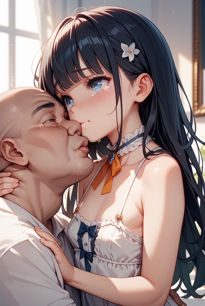 (:1.5), , a girl kneeling in front of a mans big , (masterpiece, best quality, photo realistic:1.4), (shiny skin), (UHD, 8K wallpaper, High resolution), Perfect  , Cinematic lighting, physically-based rendering, award-winning, extremely detailed skin, extra detailed face, eyes with beautiful details, Carl Zeiss 85 mm F/1.4, (((1girl and 1man, couple, ))), (a man standing in front of a kneeling woman, grabbing her head), big , girl excited looking at , (girl kneeling in front of a man:1.3), (woman tilting her head up), girl staring at , (1girl: very cute 28-year-old asian girl, (brown wavy semi-long hair, bangs),  with , ( thigh highs), (stockings), ( lingarie), (1girl: noseblush and naughty, eyes), blushing, in the midnight classroom, (1man: a handsome man and wearing recruit suit, holding her head, standing in front of her, holding her neck), shot from diagonally forward,