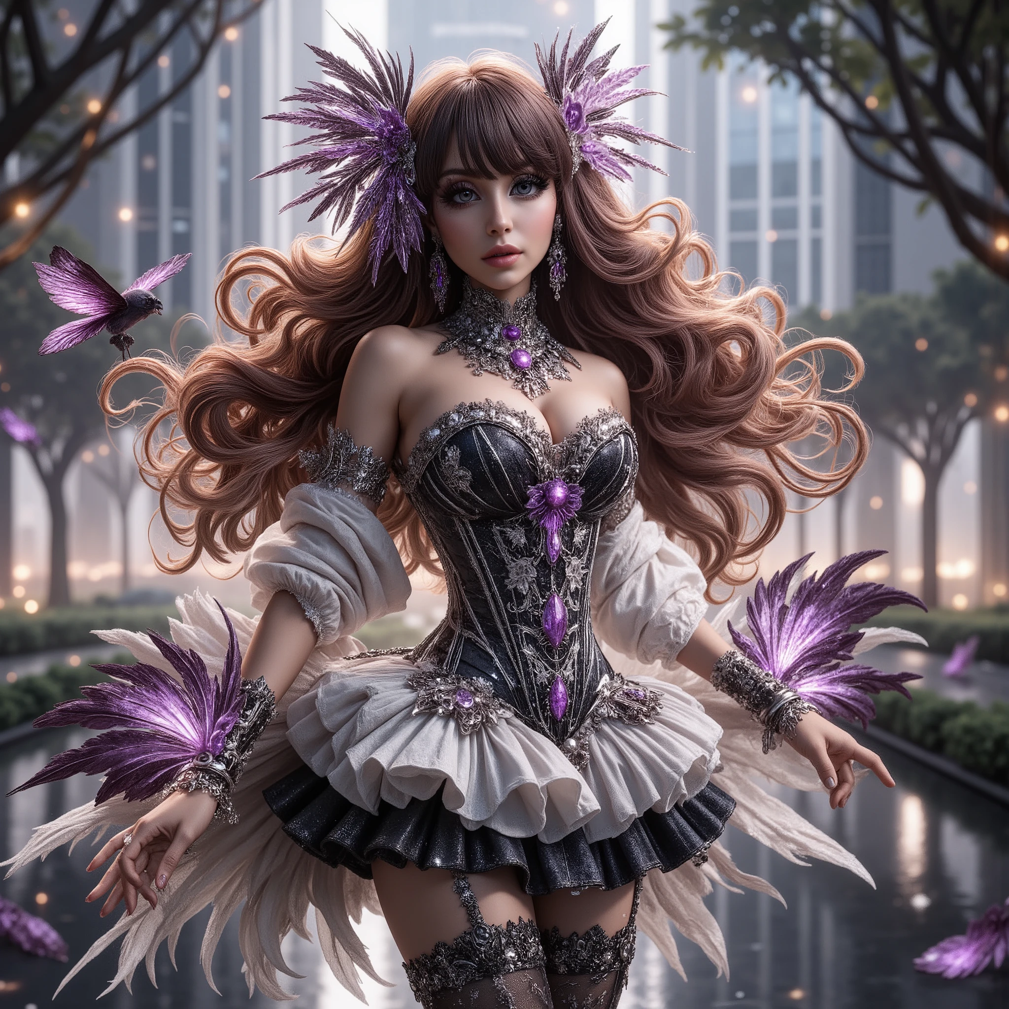 A cute girls white-skinned, blue-eyed, thin lips, Gigantic fake boobs veins, asian girls in a dress standing in front of a car, UHD, luxurious mechanism dress, ornate dress, shiny dress, sparkling dress, glossy motif dresses, elaborate fantasy dress with galaxy motif, elaborate fantasy long dress, expensive, voluminous dress, wearing a magnificent dress, fantasy dress, beautiful digital artwork, luxurious dress, beautiful fantasy empress, wearing ornate clothes, wearing a dress made of beads and carbon fiber, photo with very sharp details, best quality:1.2),,(8k,highres,RAW photo,realistic,photo-realistic:1.3),(detailed skin texture,detailed cloth texture,detailed flame texture, beautiful detailed face:1.25),professional lighting,photon mapping,beautiful soft light,radiosity,physically-based rendering,raytracing, model shoot style, model shoot style, (extremely detailed CG unity 8k wallpaper), full shot body photo of the most beautiful artwork in the world