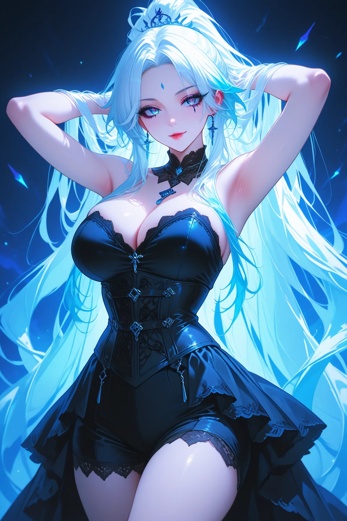 ((best quality)), ((masterpiece)), (detailed), beautiful young woman, royal and well defined facial features, alabaster white skin, oval shaped face, starry pink lips, starry pupiled eyes( 8 pointed star pupils), sleek and wavy two tone astral colored hair(moonlight blue, silver), twintails, slim thick, athletic build, D-cup , slim waist, large round , short height(165cm), modern royal fantasy setting, elegant battle dress