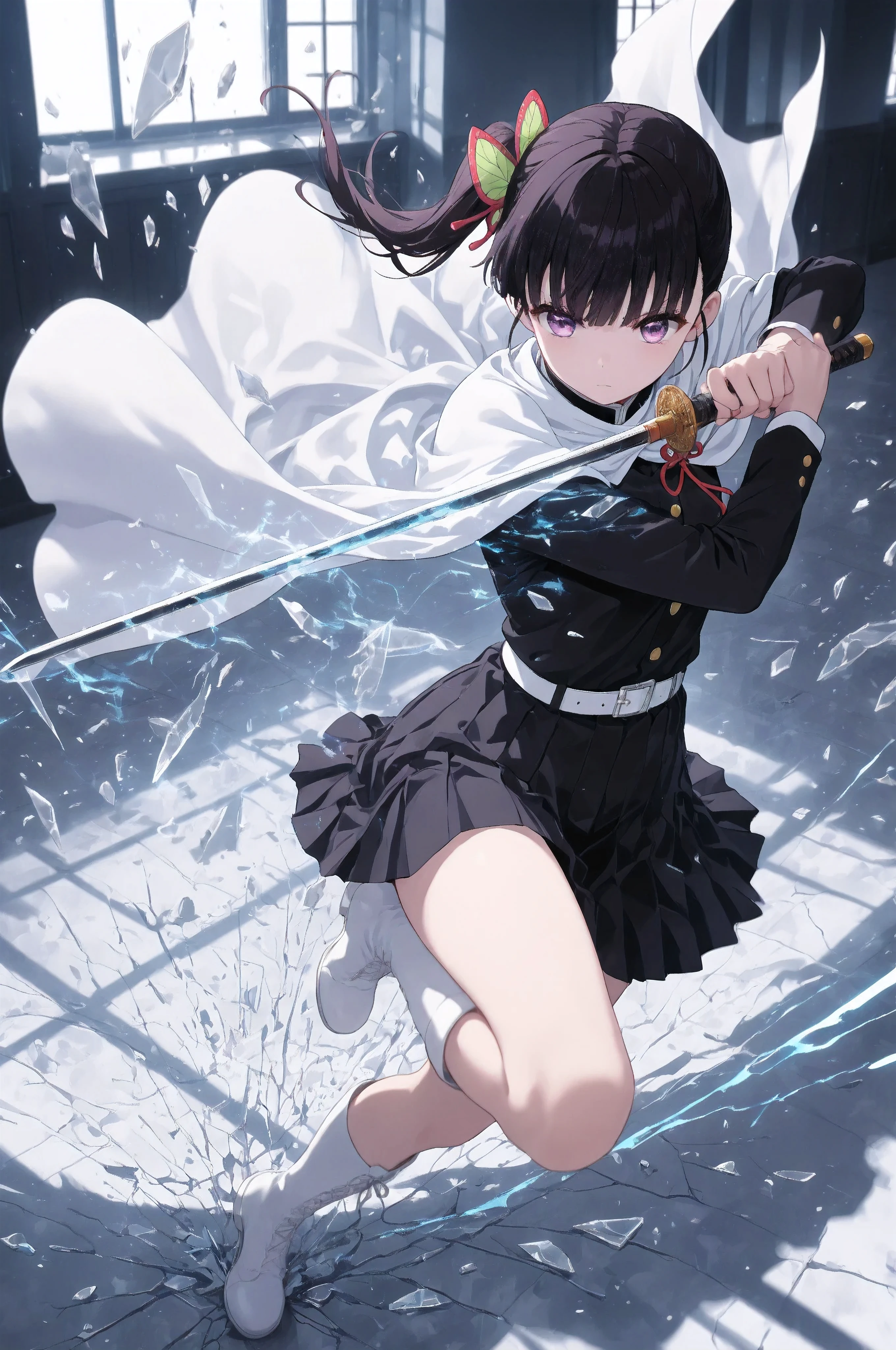 high definition anime style ,Highest Quality,{{detailed beautiful face and eyes}}, bright color , masterpiece , Highest Quality , Perspective , Dynamic Composition , full body , motion blur during relay matches,1girl, Kanao Tsuyuri, black uniform , black skirt , pleated skirt isolated on white background , White Cloak , Red ribbon , White Belt , long sleeve , white boots、indoors , depth of coverage, serious , 1 sword , holding 刀 ,thrashing, action pose , broken glass,