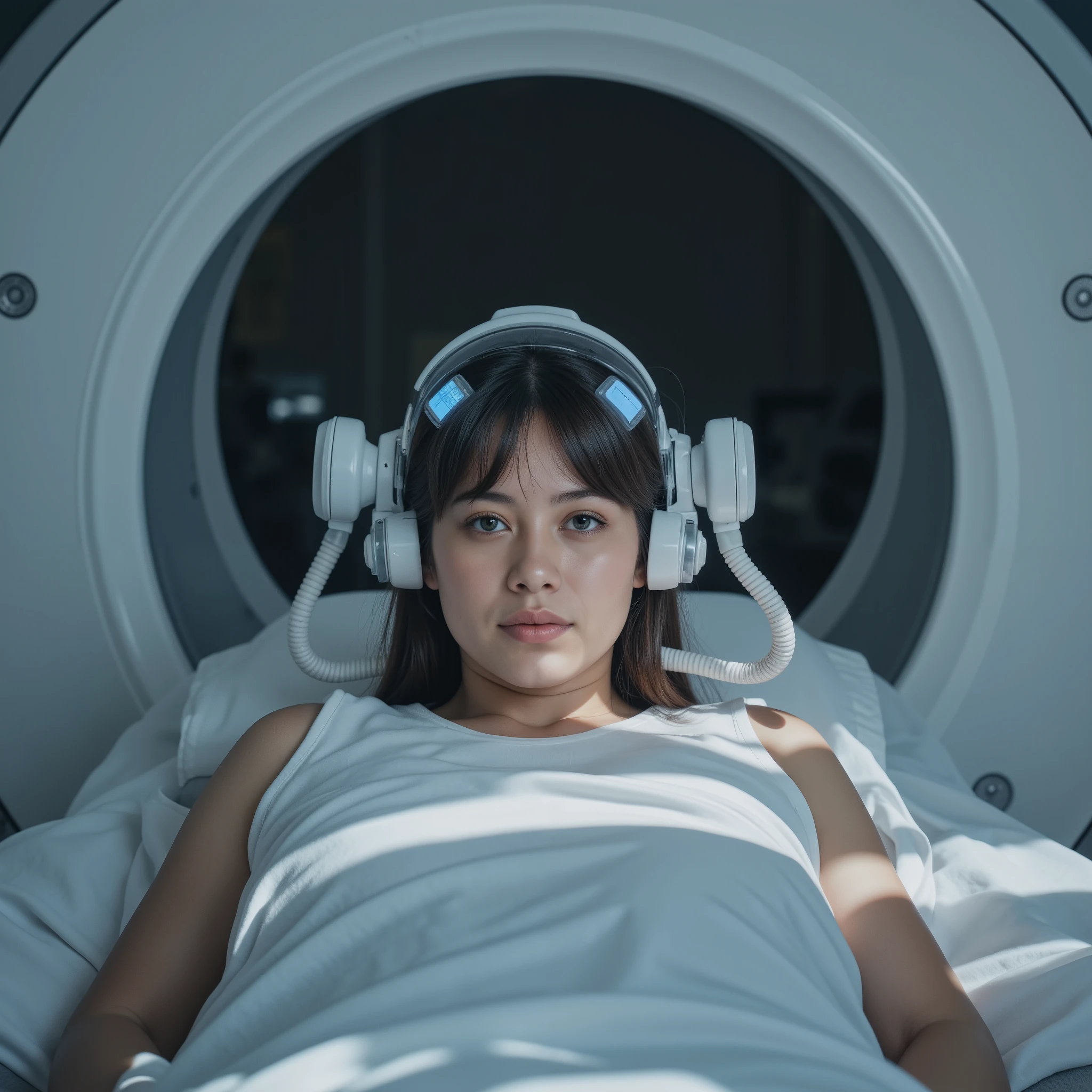 Masterpiece medical sci-fi photo, photorealistic frontview portrait of slim young (((fullbreasted))) female latina student leaning back on examination table of a MRI-scanner. On her head she wears a futuristic EEG-device with rounded white plastic parts, a clear transparent helmet and blueish glowing electrodes on her head. Her body is completely covered by a white sheet. Behind her head the MRI-tube opens, inside a mainly dark medical laboratory with ((clear sunlight shining from side casting some dramatic shadows)). The woman is looking concentrated into camera, looking slightly drowsy but intelligent understanding into camera. Some thick white electric cables connecting the EEG-device, some black power cables running under the sheet. (((hyper detailed))), ultra sharp focus, 32k, uhd, realistic