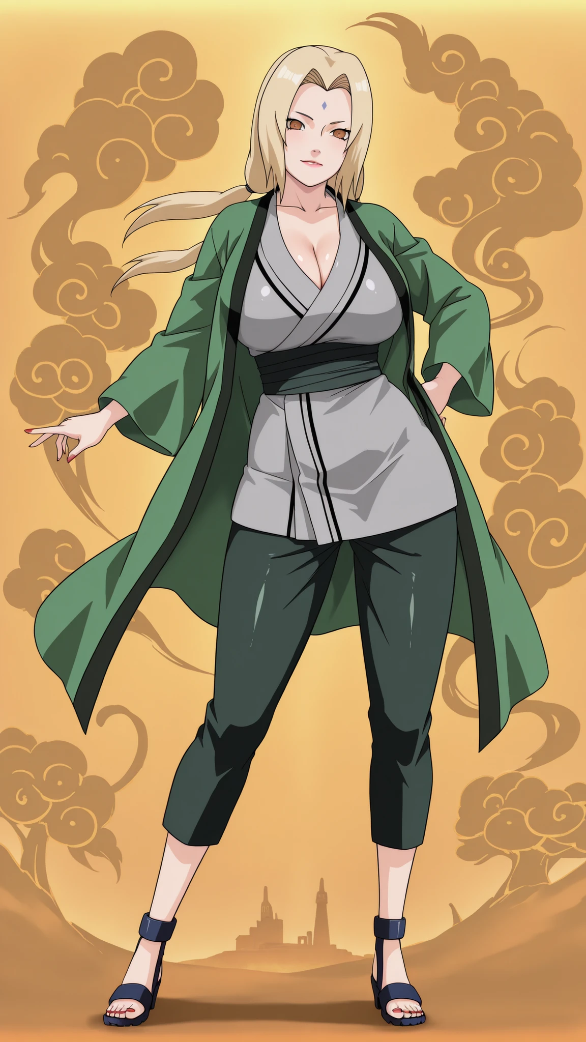 (Drawing for the Naruto anime:1.4),(Naruto anime color:1.2),(Mature Woman),(55 years old),(Tsunade),(5th Hokage-sama), Gold,masterpiece,best quality,highest resolution,high quality, solo,(large Breasts),(Super soft breasts:1.2),(slender body),(Three-dimensional body:1.2),(so cute:1.2),(Shiny body:1.2),(take a look here),(Tsunadeのかわいい表情:1.4),(pov tsumade gravure),full body, sexy body