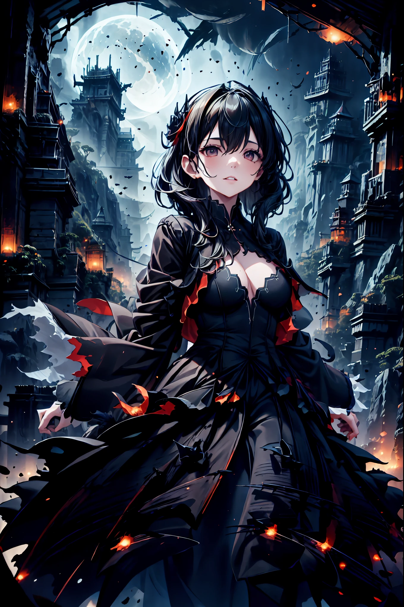 There is only one vampire left alive in this world，Thousand Years of Solitude，Crimson Night、Shadows ，World of Vampires，Family of Vampires,Crimson Night、Shadows  ,Detailed Photorealistic Portraits，bust shot，I'm messing with cowboys，gem，black tiara，pale face，Inflammation,delicate texture,Realistic composition,Dynamic Perspective,Dark Gothic Atmosphere，Medieval Europe，  ANCIENT CITY，meteor、空から降り注ぐmeteor、無数のmeteor群，I can see the fangs，1 woman,Heavy texture  ,amazing lighting,Deep Shadows  ,Using Dark and Delicate Colors,painterly texture,high resolution,4K Digital Art,realistic textures,Professional,EXTREME DETAILS,Vivid Color,Bokeh