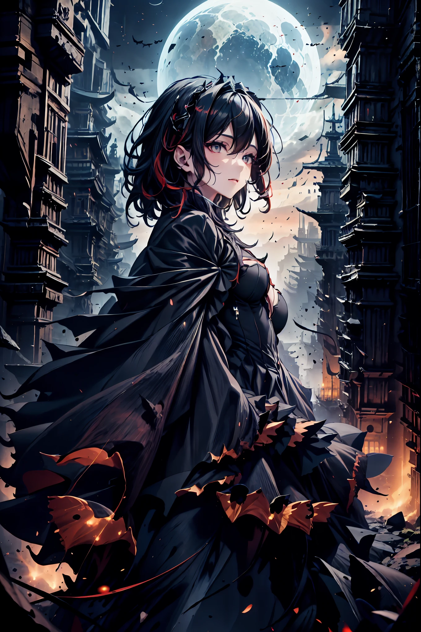 There is only one vampire left alive in this world,Thousand Years of Solitude,Crimson Night、Shadows ,World of Vampires,Family of Vampires,Crimson Night、Shadows ,Detailed Photorealistic Portraits,bust shot,I'm messing with cowboys,gem,black tiara,pale face,Inflammation,delicate texture,Realistic composition,Dynamic Perspective,Dark Gothic Atmosphere,Medieval Europe, ANCIENT CITY,meteor、空から降り注ぐmeteor、無数のmeteor群,I can see the fangs,1 woman,Heavy texture ,amazing lighting,Deep Shadows ,Using Dark and Delicate Colors,painterly texture,high resolution,4K Digital Art,realistic textures,Professional,EXTREME DETAILS,Vivid Color,Bokeh