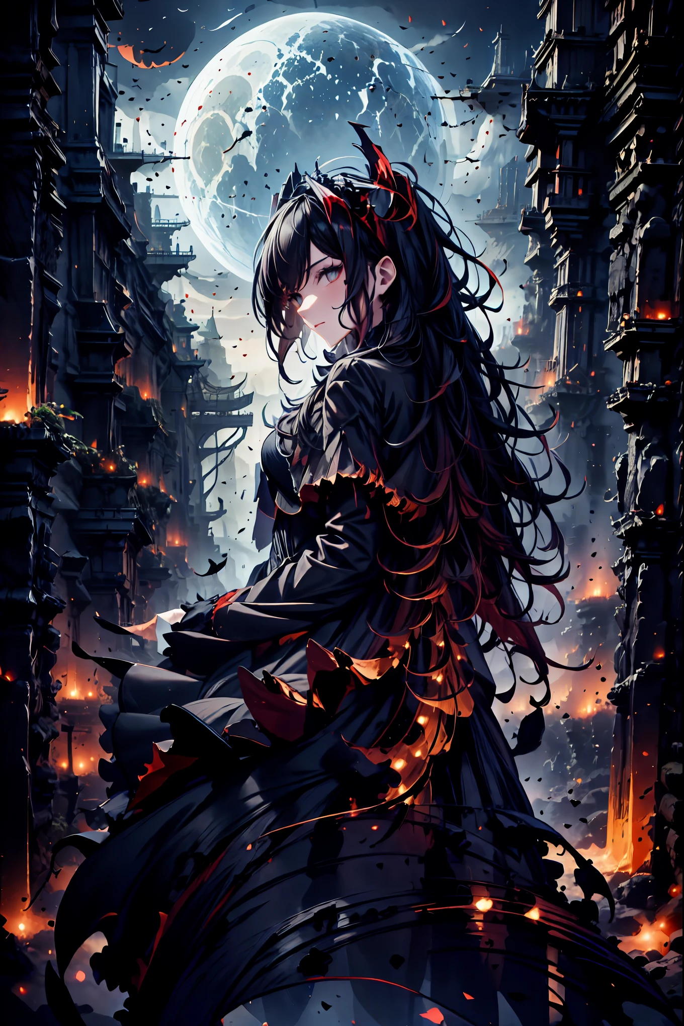 There is only one vampire left alive in this world,Thousand Years of Solitude,Crimson Night、Shadows ,World of Vampires,Family of Vampires,Crimson Night、Shadows ,Detailed Photorealistic Portraits,bust shot,I'm messing with cowboys,gem,black tiara,pale face,Inflammation,delicate texture,Realistic composition,Dynamic Perspective,Dark Gothic Atmosphere,Medieval Europe, ANCIENT CITY,meteor、空から降り注ぐmeteor、無数のmeteor群,I can see the fangs,1 woman,Heavy texture ,amazing lighting,Deep Shadows ,Using Dark and Delicate Colors,painterly texture,high resolution,4K Digital Art,realistic textures,Professional,EXTREME DETAILS,Vivid Color,Bokeh