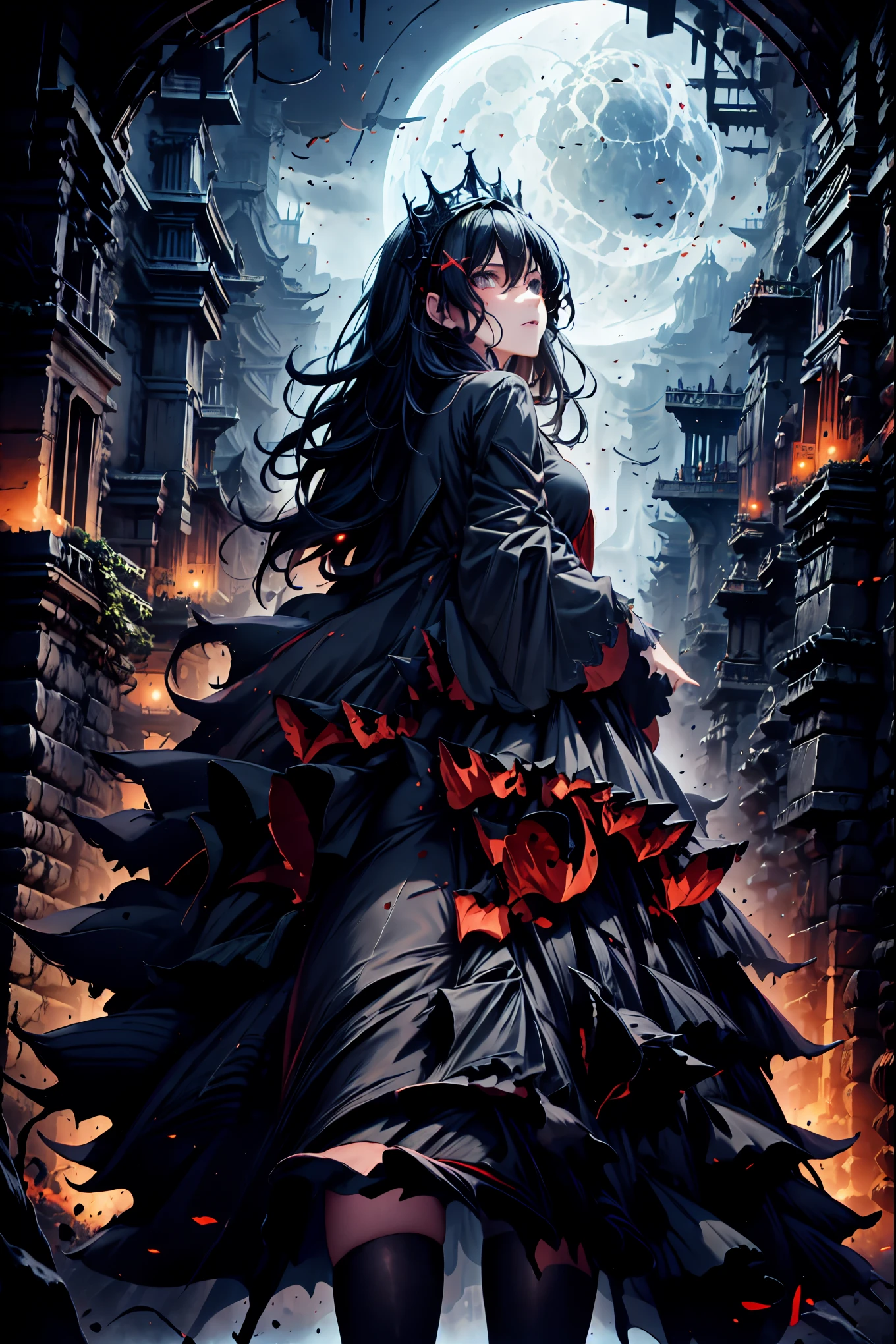 There is only one vampire left alive in this world，Thousand Years of Solitude，Crimson Night、Shadows ，World of Vampires，Family of Vampires,Crimson Night、Shadows  ,Detailed Photorealistic Portraits，bust shot，I'm messing with cowboys，gem，black tiara，pale face，Inflammation,delicate texture,Realistic composition,Dynamic Perspective,Dark Gothic Atmosphere，Medieval Europe，  ANCIENT CITY，meteor、空から降り注ぐmeteor、無数のmeteor群，I can see the fangs，1 woman,Heavy texture  ,amazing lighting,Deep Shadows  ,Using Dark and Delicate Colors,painterly texture,high resolution,4K Digital Art,realistic textures,Professional,EXTREME DETAILS,Vivid Color,Bokeh