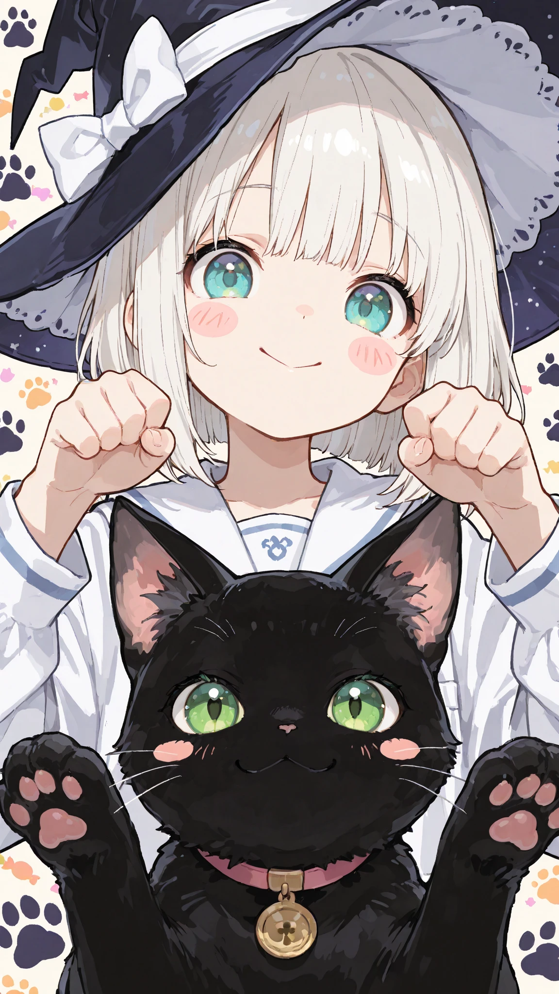 cute, 748cmstyle, (masterpiece:1.2, best quality), (beautiful detailed eyes:1.2), ((beautiful female)), (very detailed CG, ultra detailed), (very detailed and beautiful:1.1), (perfect detail:1.1), anime girl making a cat pose with her fingers, showing that she is okay, 1girl, :>, white sailor uniform, solo, short white bob hair, witch hat, smile, looking at viewer, blush stickers, black cat, cat footprints, candy house background, face close-up