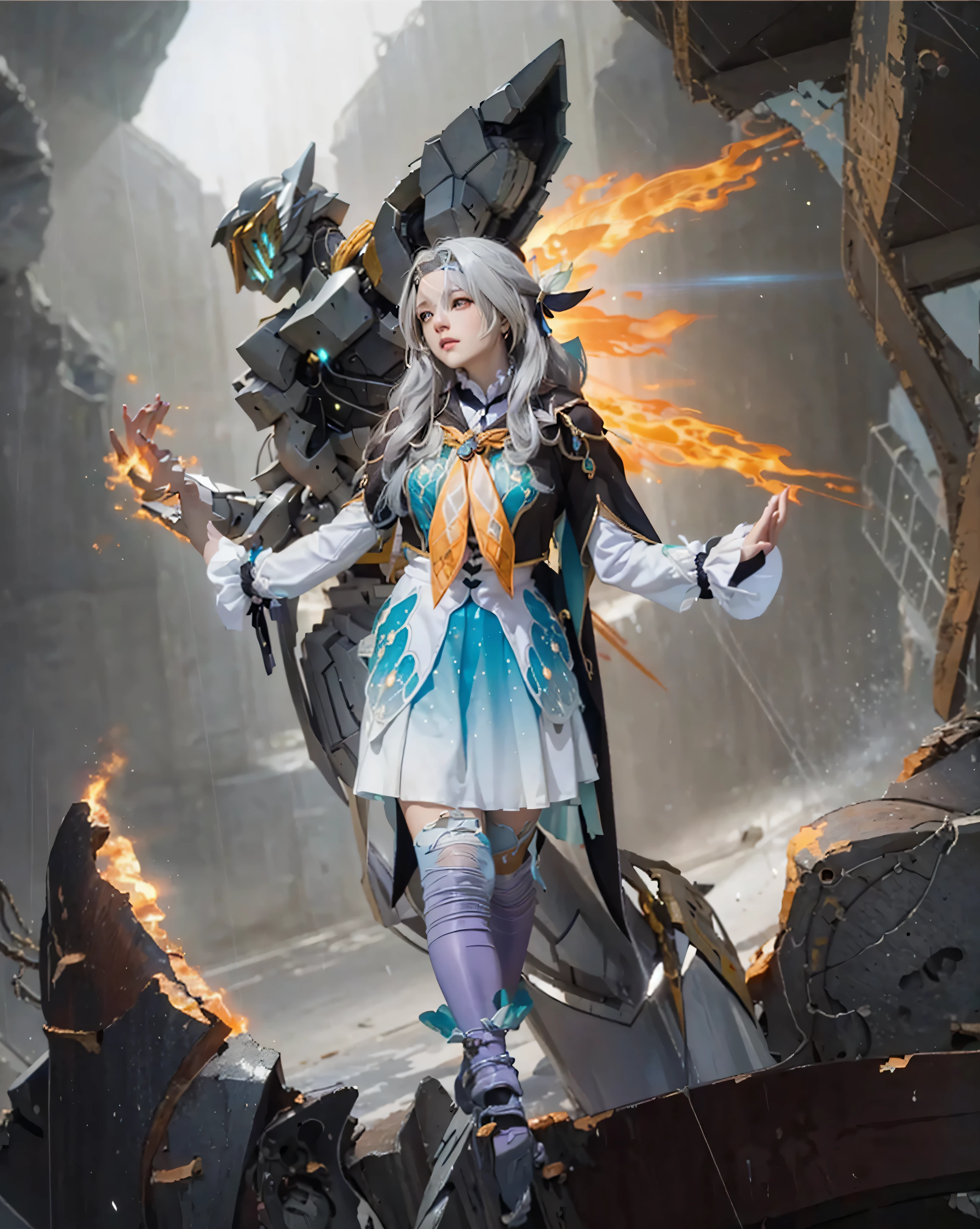 ((FIREFLY & SAM_HONKAI STAR RAIL)),((realistic, photorealistic)),(highlight hair)), Light reflection, (( HD )),((upper body)), (((best quality, masterpiece))), (masterpiece) (best quality) (detail) (8k) (HDR) (wallpaper) (cinematic lighting) (sharp focuasterpiece, best quality: 1.1), Real life adaption of this character, beautiful girl, Shining green eyes, realistic outfit, realistic shadow, realistic light, realism, hyper realistic, realistic background,Realistic hair, realistic hair at the back,(photorealistic:1.2), 1girl,Background of space train, space station, loose hair, floating,Tokusatsu background,light particles,Asian female anime character, young adult, in a vibrant, detailed cosplay costume.  Light-skinned,  long light-silver hair styled in voluminous waves.  Expression is confident and determined, with a slight upward tilt to the lips.  Costume is a layered outfit: a white, light-blue gradient, short-a-line skirt with embroidered butterfly motifs, and a matching  light-blue and white, long-sleeved, cape-style top.  Purple, gradient, patterned tights.  Elegant purple shoes.  The pose is dynamic, one leg slightly forward, arms outstretched, suggesting action or movement.  Background includes a large, dark gray-black mecha-style robot in the process of destruction, with burning, orange flames.  The background is a mix of grey-black rubble and crumbling structures.  Dramatic lighting, highlighting the character and exaggerating shadows.  Colorful lighting effects, with a mixture of light and dark tones.  The environment is a post-apocalyptic battlefield, suggesting a dramatic and action-oriented atmosphere, detailed, photorealistic, vibrant colors, dynamic pose, dramatic lighting, 8k. --ar 16:9 --q 2 --s 750