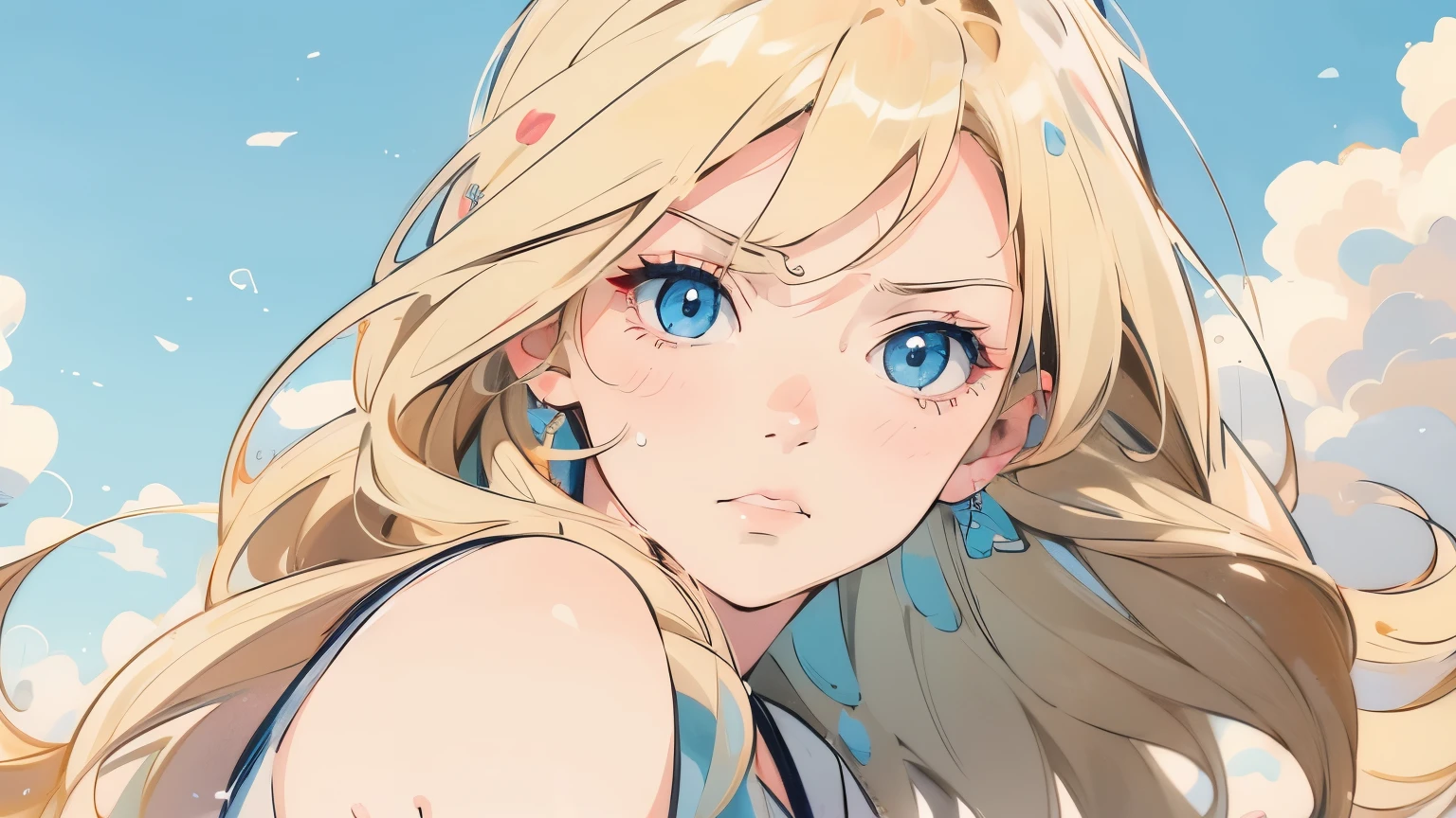 sad expression、summer、 Midnight ,Blonde,blue eyes,womanhood,blue eyes,4K,high resolution,Ultra Fine,vibrant colors,upper body,Right Facing