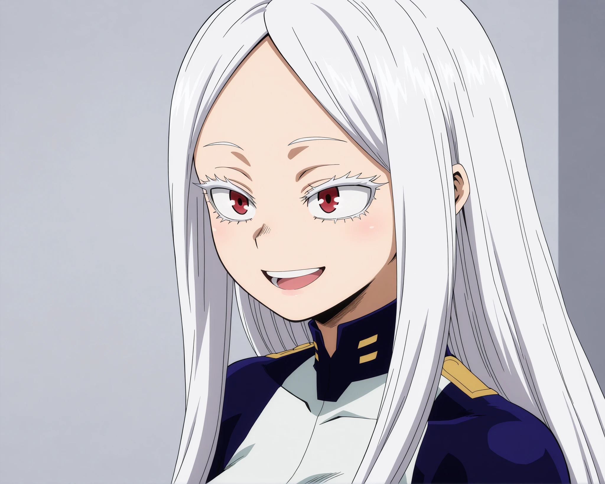 Boku no hero academia style, 1girl, solo, long hair, straight hair, no bangs, white hair, red eyes, colored eyelashes, white eyelashes, hero uniform, latex, smiling, open mouth