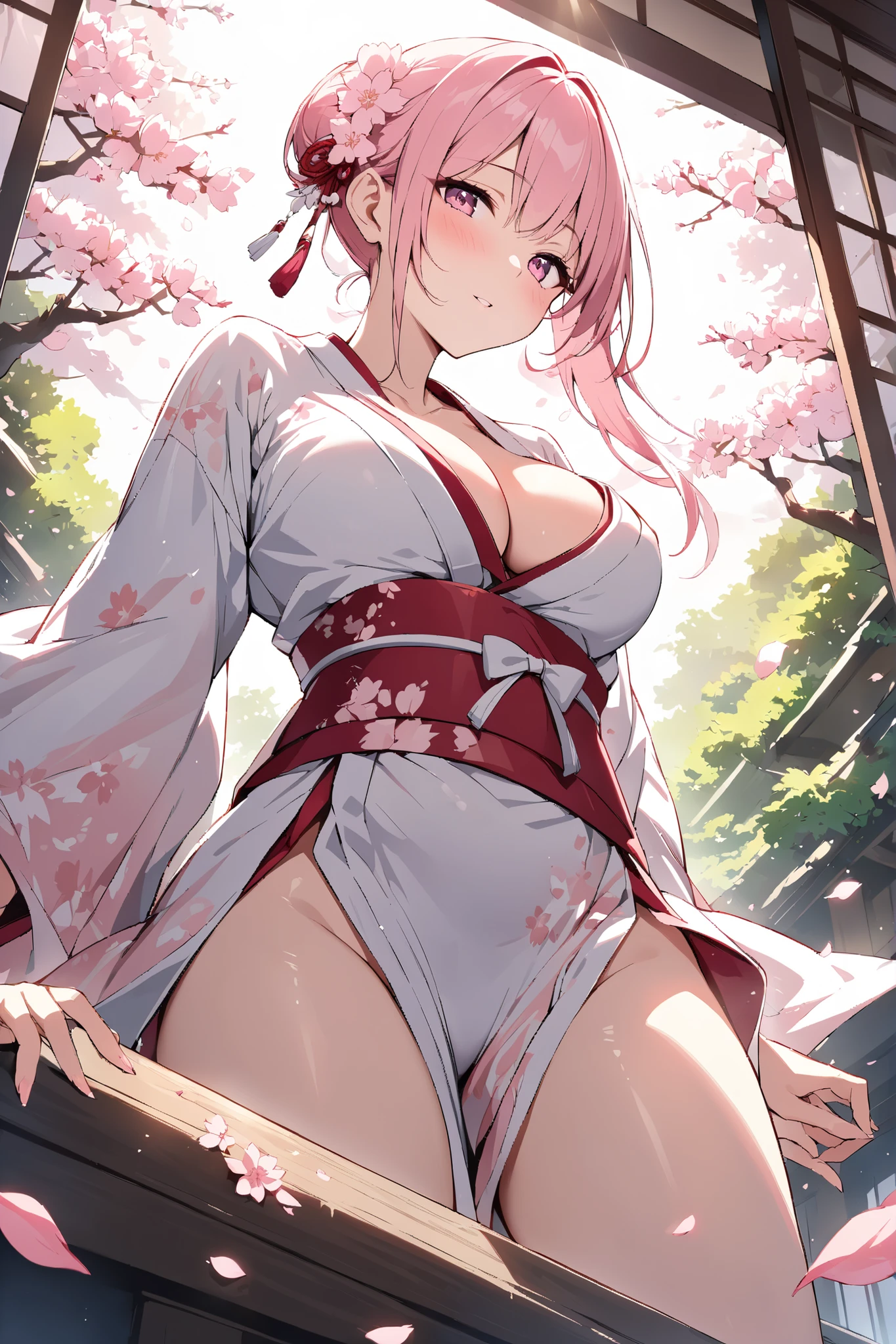 masterpiece, best quality, sakura, character, in full bloom, cute cleavage, tight traditional Japanese kimono, from below, delicate pink petals, soft sunlight filtering through branches, traditional Japanese atmosphere, ethereal beauty, magical realism