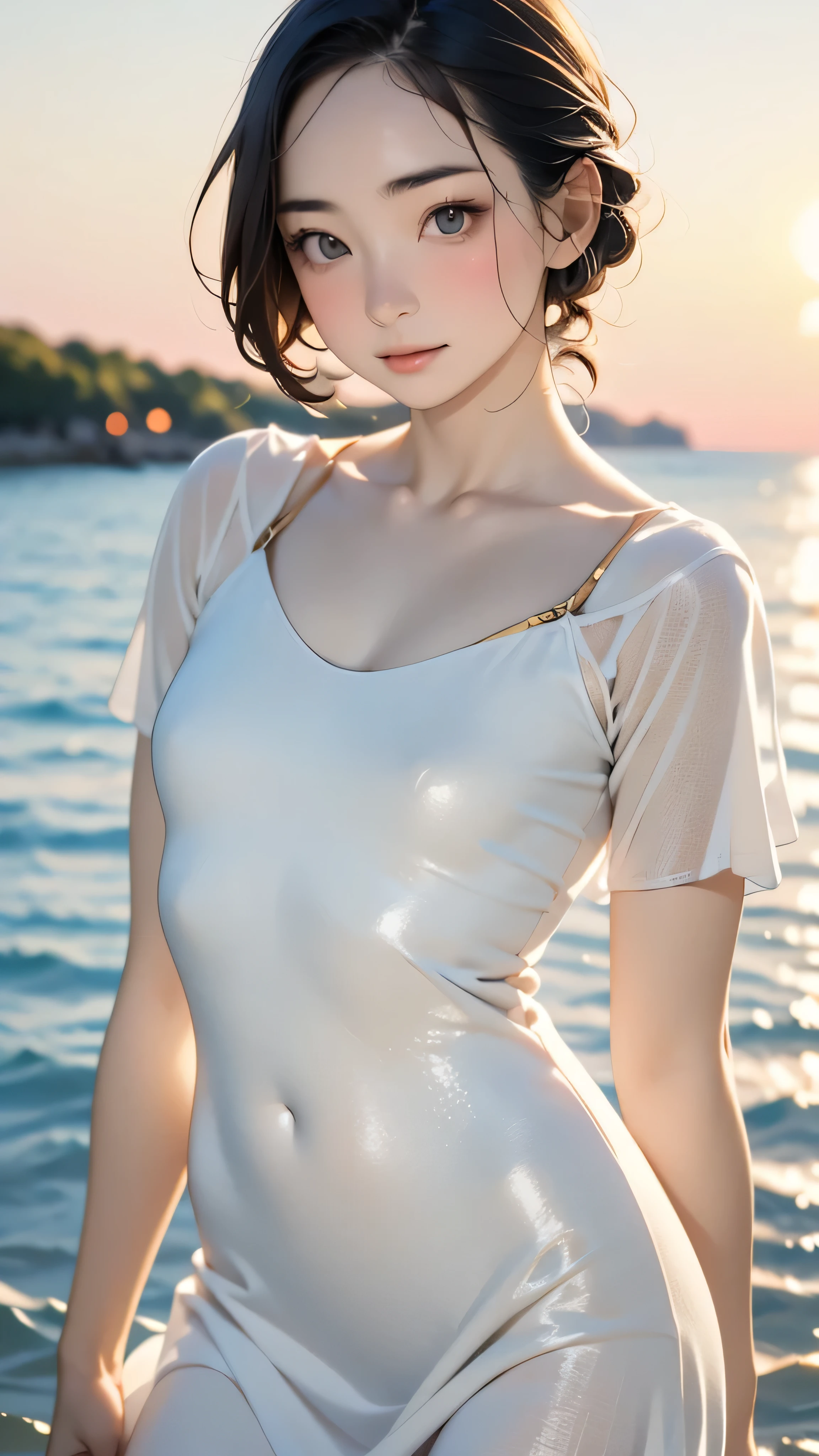 one girl, (20years old:1.4),(Very Young Face),(Japanese famous idol), cute face, ash gray hair:1.5, camera's line of sight, small breasts, An ennui look, (sexy summer dress:1.8) , particles of light, sea of ​​sunset, calm sea, white sand beach, very beautiful sunset, RAW photo, highest quality, High resolution, High resolution, masterpiece:1.3, 8k, 12k, professional photographer,(Enhances the beauty of skin texture:1.1),((Extremely precise and accurate anatomy:1.0)),Kind eyes,Graceful pose,(Beauty of form:1.4) Golden ratio, big eye,(nature's providence:1.4),(anatomically feminine body shape:1.4),(high quality and detailed expression of detail:1.4),(Kind eyes:0.5),(a gentle expression:0.5),(a gentle smile:0.5),(a relaxing expression:0.5),((cowboy shot:1.4)),