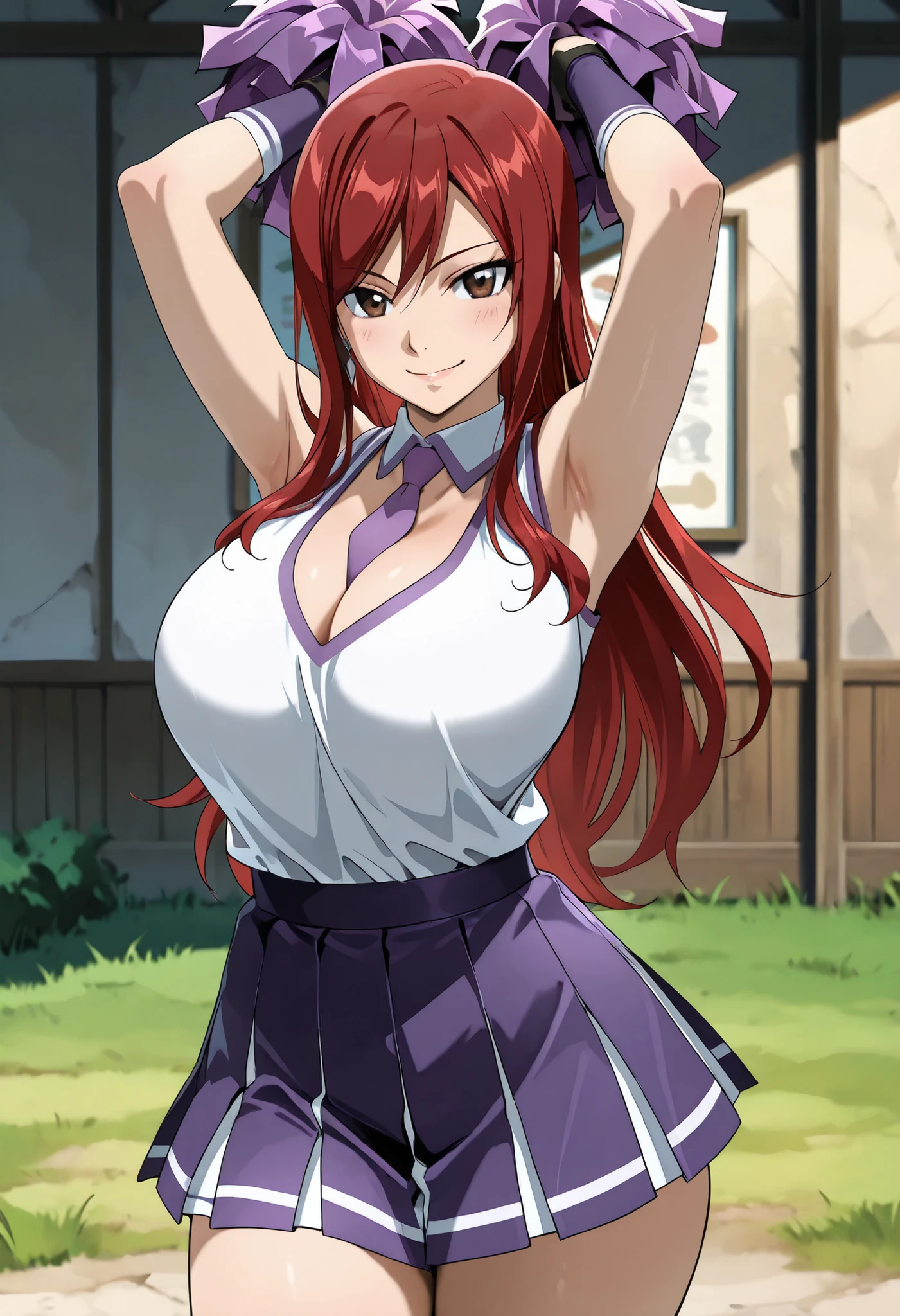 (best quality, masterpiece, ultra detailed, high resolution), Beautiful , tall, score_9, anime style, Masterpiece, best quality, 1girl, purple necktie, solo, <lora:Fairy_Tail_-_Erza_Scarlet_-_Illustrious:0 . 8>, Erza Scarlet,red hair, long hair, brown eyes, mature, breasts,, , ,, purple choker, detached collar, cleavage, thick thighs, look at viewer, smiling, bare shoulders, purple gloves, , purple necktie, purple pom-pom, two-tone shirt , white shirt , cheerleader costume, cheerleader , Big breasts, midriff, shirt tucked in, crop top, oudoors, lawn background, grass, , arms up, armpits,