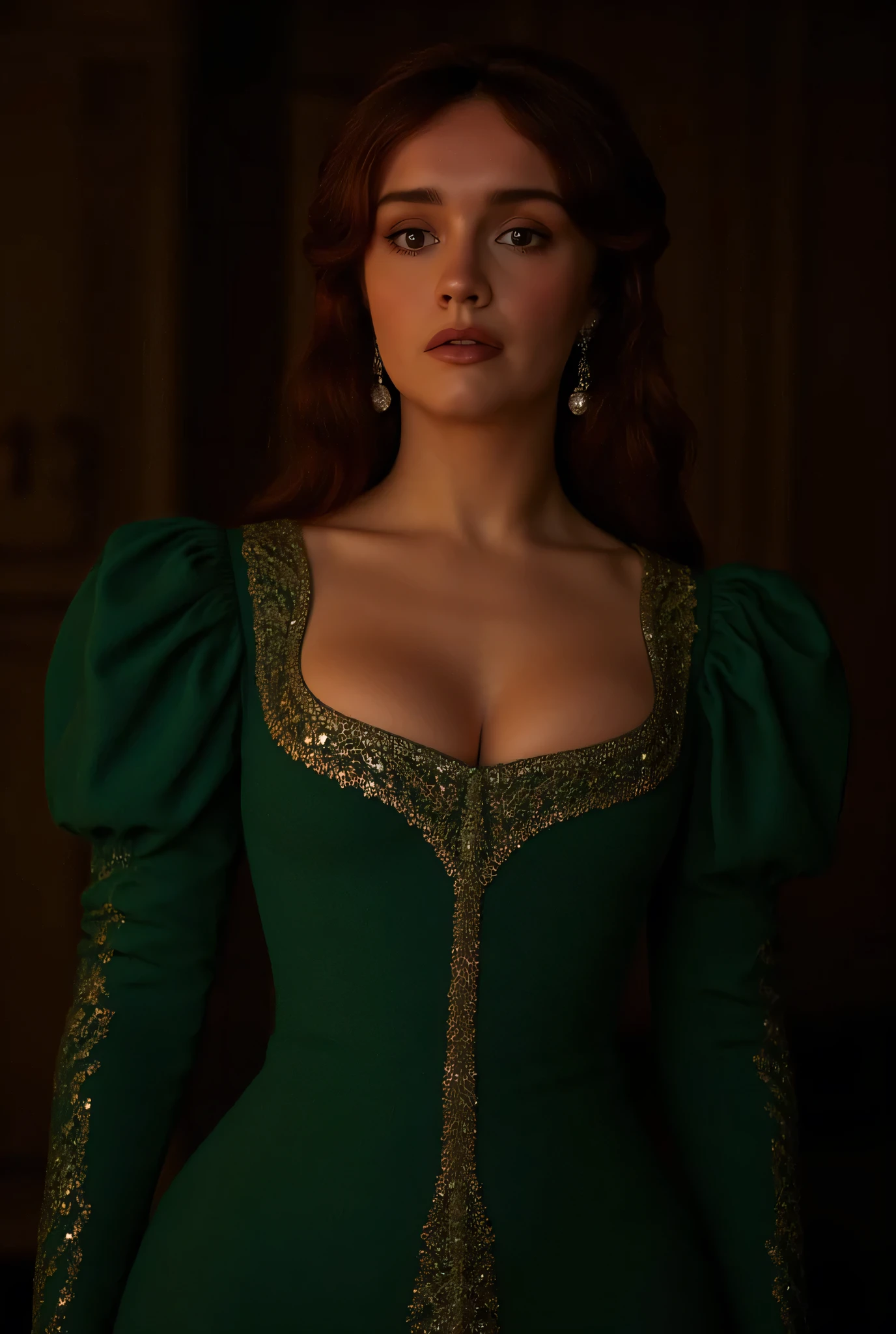  Olivia Cooke, Alicent Hightower, fantasy queen, green dress, massively huge breasts, medieval royal attire, intricate embroidery, silver jewelry, braided hairstyle, regal expression, soft lighting, noblewoman, dramatic lighting, castle interior, Game of Thrones style, moody background, ultra detailed face, cinematic portrait, realistic textures, high fantasy setting, crown, historical realism
