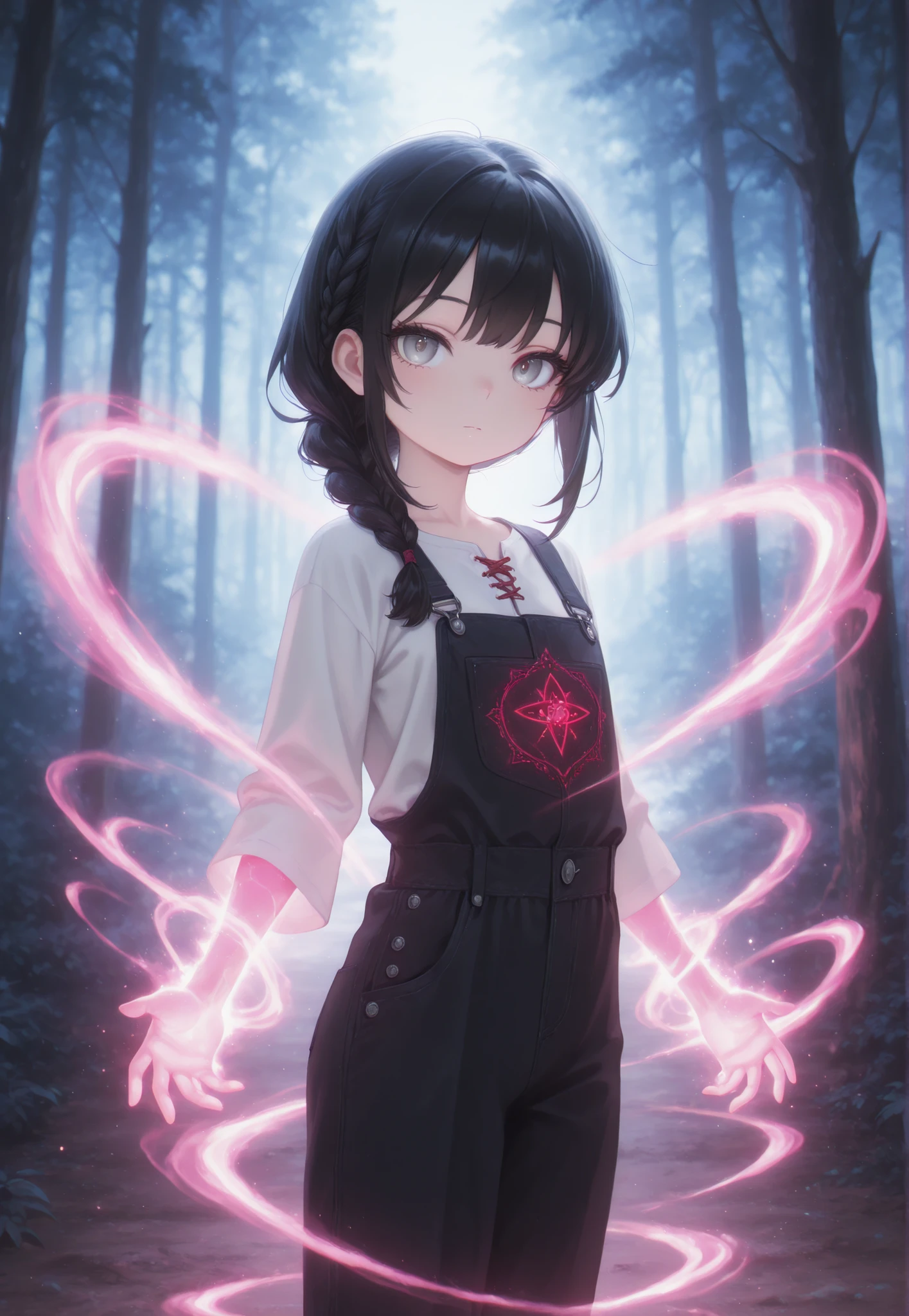 Masterpiece, Best Quality, Newest, Safe, Good Anatomy, Good Resolution, Good Lighting. Beautiful, Anime, Normal. Girl, Black Hair, Hairstyle, One Braid. Light Gray Eyes. Black Eyelashes, Fair Skin. Adorable, She is 8 Years Old, Height 1'28 cm. Looking at Viewer, Alone, Background: Forest. Natural Poses. Wearing Clothes: White Shirt with Red Embroidery, Black Overalls. Magic:Bright Colors, Manipulation of Aether Magic, Ancient Glowing Runes, Swirls of Energy.