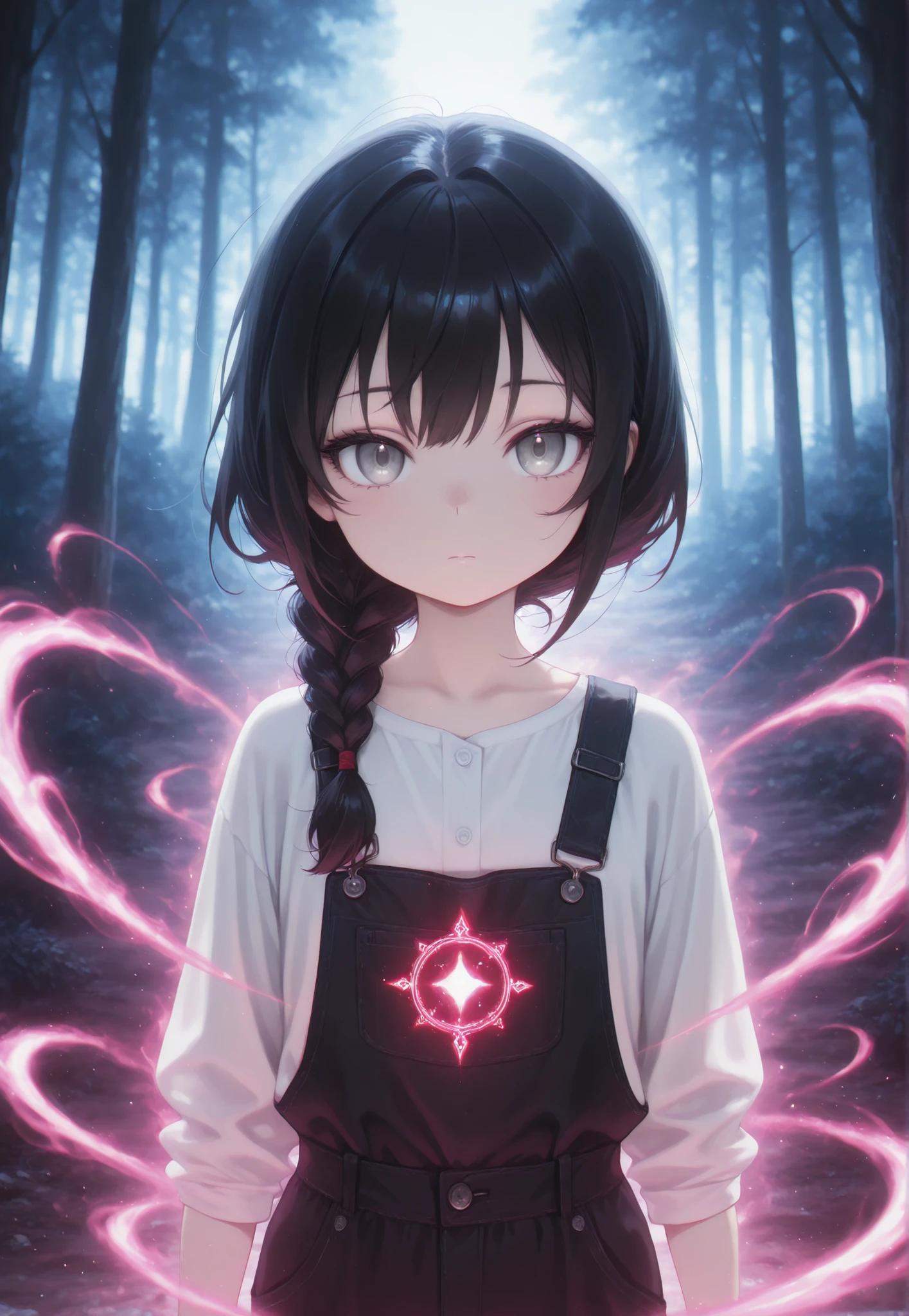 Masterpiece, Best Quality, Newest, Safe, Good Anatomy, Good Resolution, Good Lighting. Beautiful, Anime, Normal. Girl, Black Hair, Hairstyle, One Braid. Light Gray Eyes. Black Eyelashes, Fair Skin. Adorable, She is 8 Years Old, Height 1'28 cm. Looking at Viewer, Alone, Background: Forest. Natural Poses. Wearing Clothes: White Shirt with Red Embroidery, Black Overalls. Magic:Bright Colors, Manipulation of Aether Magic, Ancient Glowing Runes, Swirls of Energy.