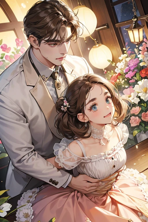 (table top, digital illustration, 4k, 8k, Super detailed, beautiful images, clear image,  perfect face, perfect lines, perfect eyes, soft lighting) 1 female, (light brown hair,chignon hair,innocent look,droopy eyebrows,droopy eyes、With a round face,round chin、innocence,cute,Big eyes,natural makeup,smile gently,E cup,23 years old:1.3),Two handsome men in suits, (human,man in suit,muscular,solid shoulder width,  boyish hairstyle,A man in his 30s with a cool expression,28 year old man with a bright smile:1.2),garden full of light、lots of flowers、、colorful flower light,(embarrassing,shy smile:1.2),resort sofa,kiss、カップルkiss、romance 、couple of man and woman hugging each other、Waitress、Byte in Byte、Maid clothes、Hitting the 