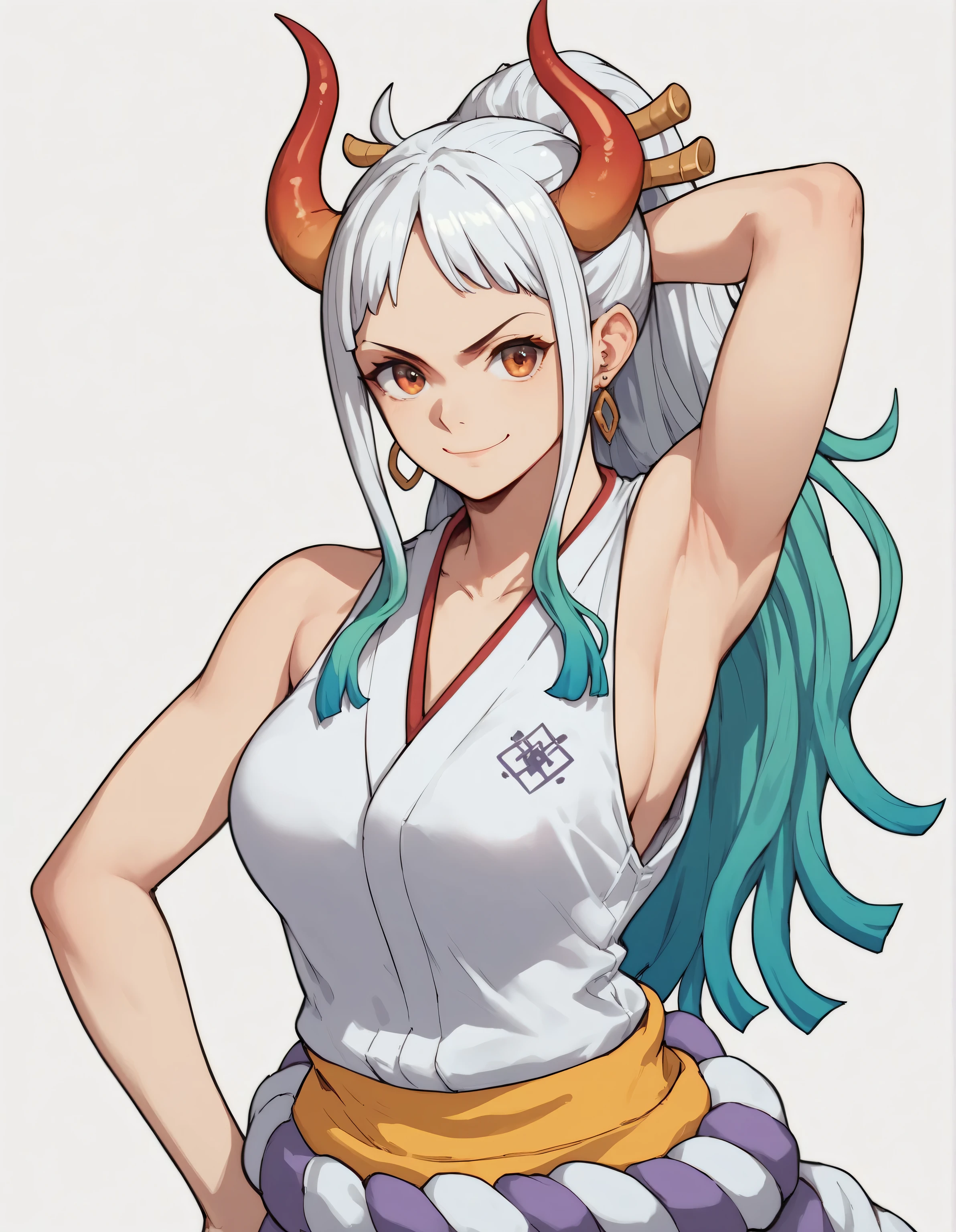 yamato (dress), solo, 1girl, smile, closed mouth, simple background, with one arm behind his head