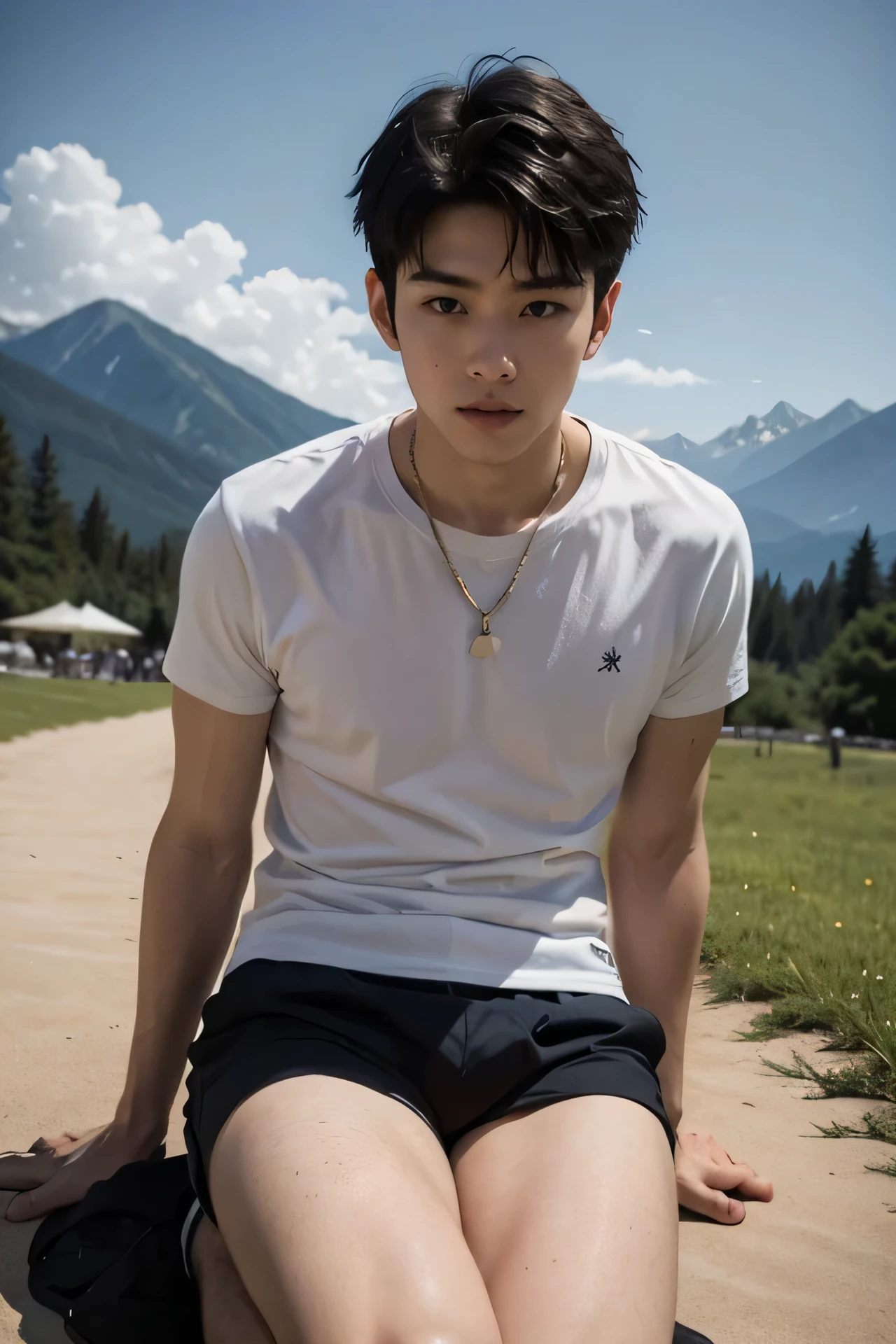 Adult Male 30 years old handsome guys short hair dark haired whitetshirt White Shorts 白のknee-length shorts their crotch is huge when they break their knees and open their legs Groping the crotch Look up a little and look troubled summer resort Plateau the background is a beautiful sky and mountains カメラをンのぞき込むようにMake your face bigger 下からカメラを見上げる Make your face bigger