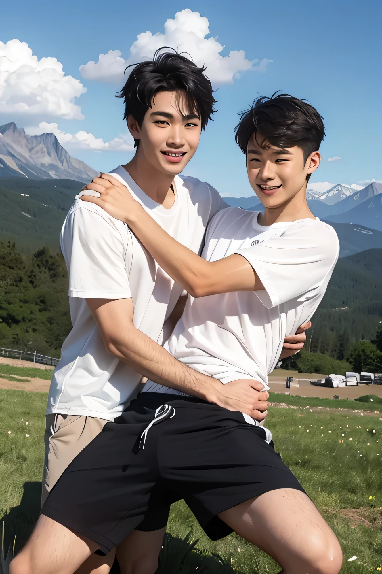 Adult Male Duo handsome guys slim figure Thin short hair dark haired whitetshirt White Shorts 白のknee-length shorts My crotch when my legs are open Plateau the background is a beautiful sky and mountains Make your face bigger looking at the camera and smiling Groping the crotch Touch the mokori Adult MaleDuoで向き合い話している