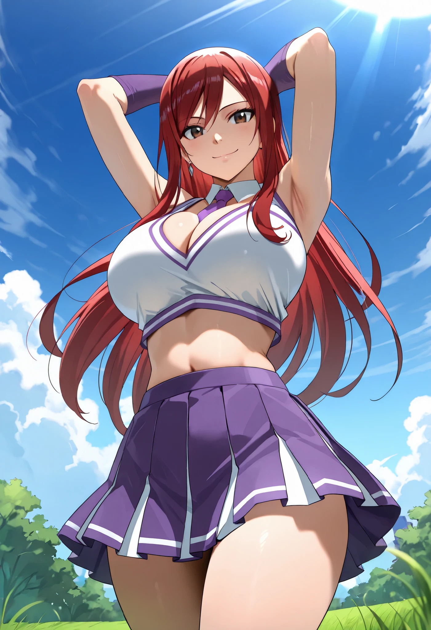 (best quality, masterpiece, ultra detailed, high resolution), Beautiful , tall, score_9, anime style, Masterpiece, best quality, 1girl, purple necktie, solo, <lora:Fairy_Tail_-_Erza_Scarlet_-_Illustrious:0 . 8>, Erza Scarlet,red hair, long hair, brown eyes, mature, breasts,, , ,, purple choker, detached collar, cleavage, thick thighs, look at viewer, smiling, bare shoulders, purple gloves, , purple necktie, purple pom-pom, two-tone shirt , white shirt , cheerleader costume, cheerleader , Big breasts, midriff, crop top, oudoors, lawn background, grass, , arms up, armpits, from below, closed mouth,