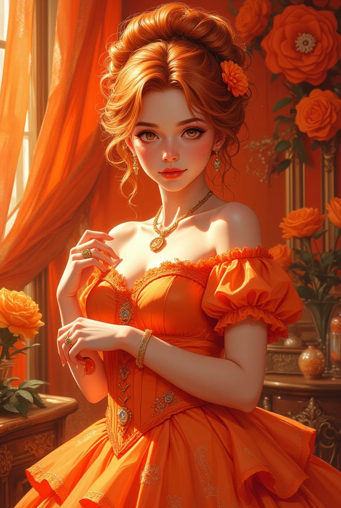 A beautiful girl with vibrant orange curly hair styled in a …