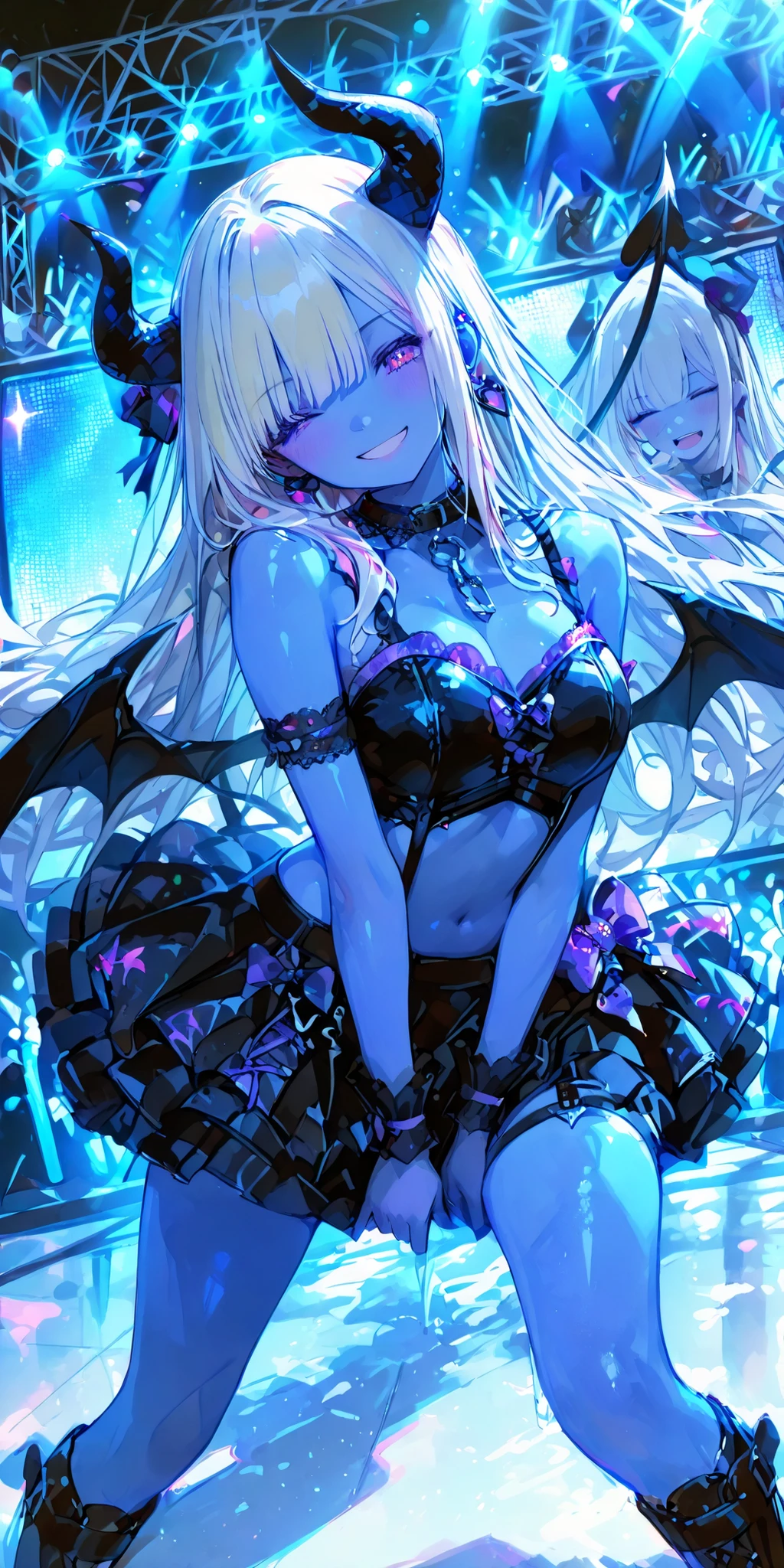 live stage,1girl,Demon,horn,blue skin,Idol,Smile Yan,songs,Action,dynamic,masterpiece,Highest Quality,great quality,very beautiful,Newest,