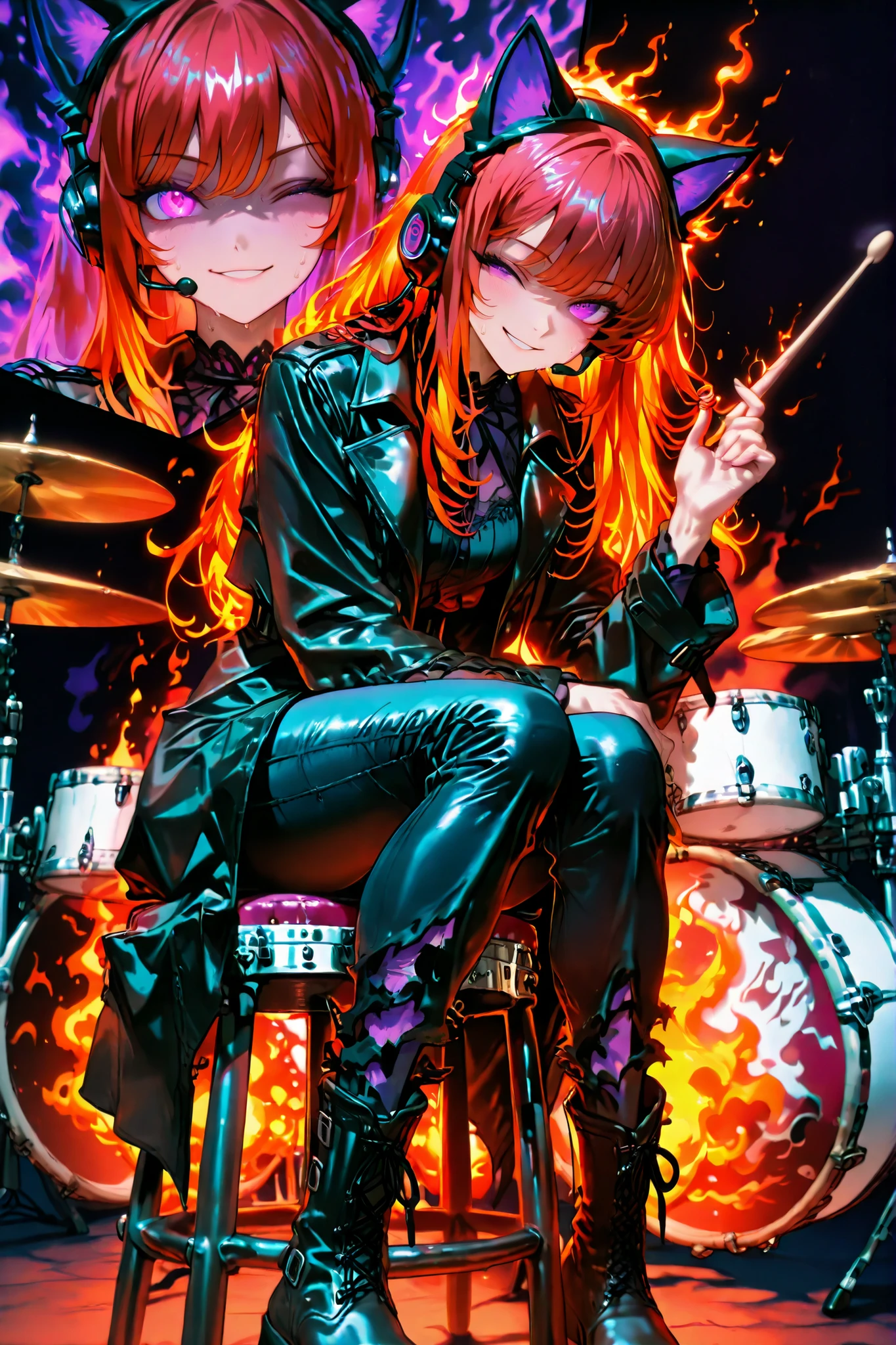 down top angle, close-up, (masterpiece, 4k, ultra detailed, vivid colors, dynamic pose), {1woman}: (a beautiful and attractive woman, with long red hair, wearing a headset with cat ears, expressive purple eyes, wearing a black blouse, black jeans with rips at the knees, a black leather trench coat, black boots, sitting on a stool front a drum set with purple details, playing a cymbal and one hand twirling the drumstick in the air with a playful wink and a smile on her face, light sweat on her face), a stage in the middle of hell, with flames and flares, all in warmer and reddish tones, perfect lighting creating shadows