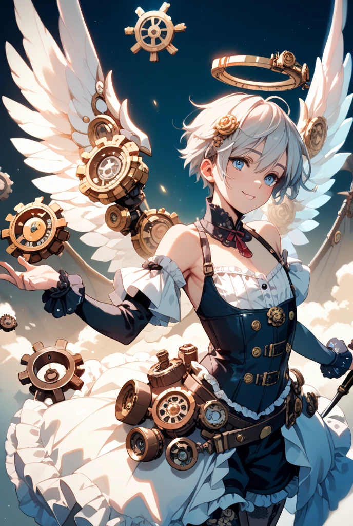 ((highest quality)),(ultra high resolution),(Super detailed),(detailed description),((The best CG)),(best work of art),super precision art,amazing drawing art,(Fantasy art with intricate detail:1.5), (Female angels:1.8),(beautiful and well-shaped face:1.5),smile:1.3,(gatling gun:1.6)
