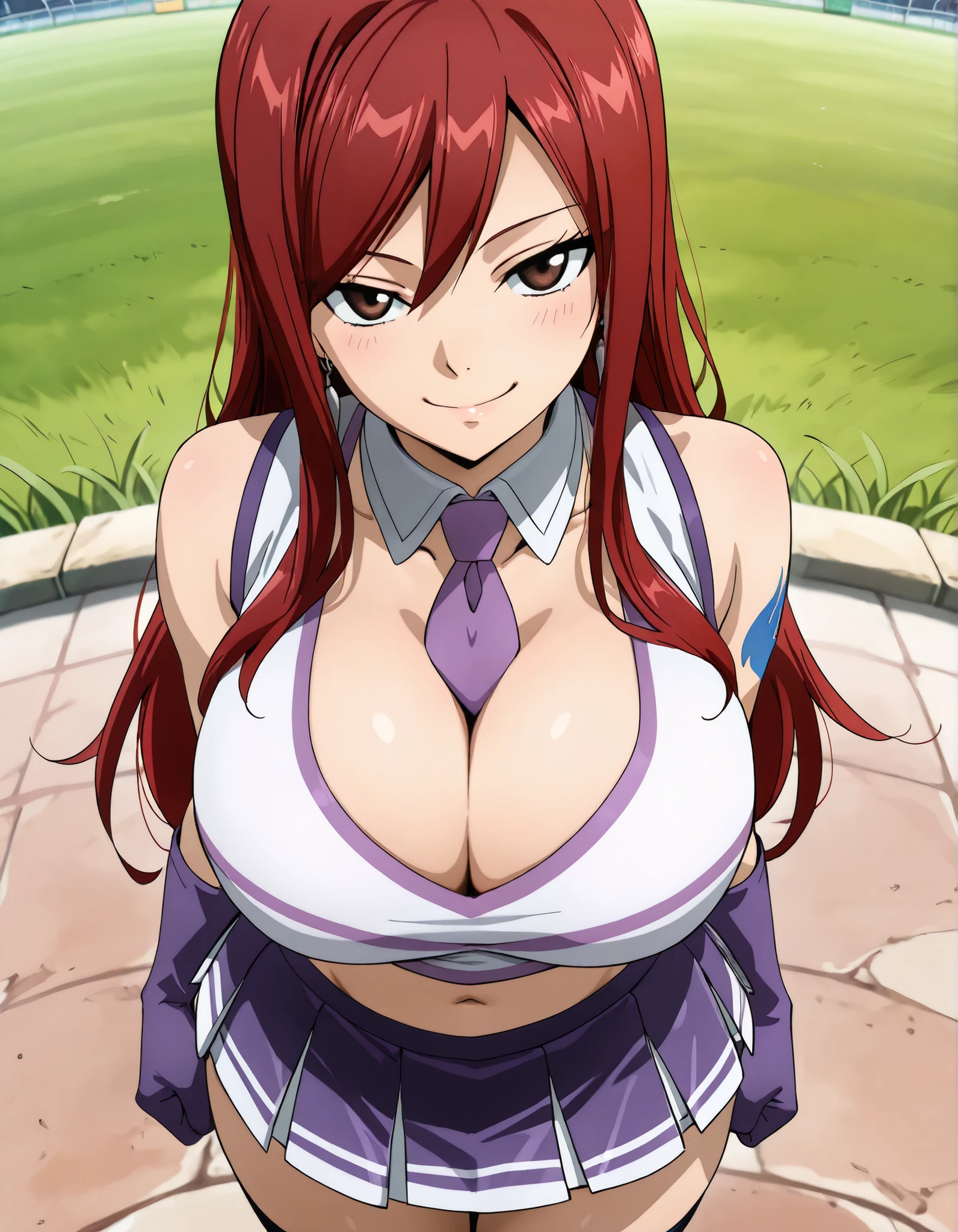 (best quality, masterpiece, ultra detailed, high resolution), Beautiful , tall, score_9, anime style, Masterpiece, best quality, 1girl, purple necktie, solo, <lora:Fairy_Tail_-_Erza_Scarlet_-_Illustrious:0 . 8>, Erza Scarlet,red hair, long hair, brown eyes, mature, ,, , ,, purple choker, detached collar, cleavage, thick thighs, look at viewer, smiling, shoulders, purple gloves, , purple necktie, purple pom-pom, two-tone shirt , white shirt , cheerleader costume, cheerleader , , midriff, crop top, oudoors, lawn background, grass, from above, eyes, closed mouth,