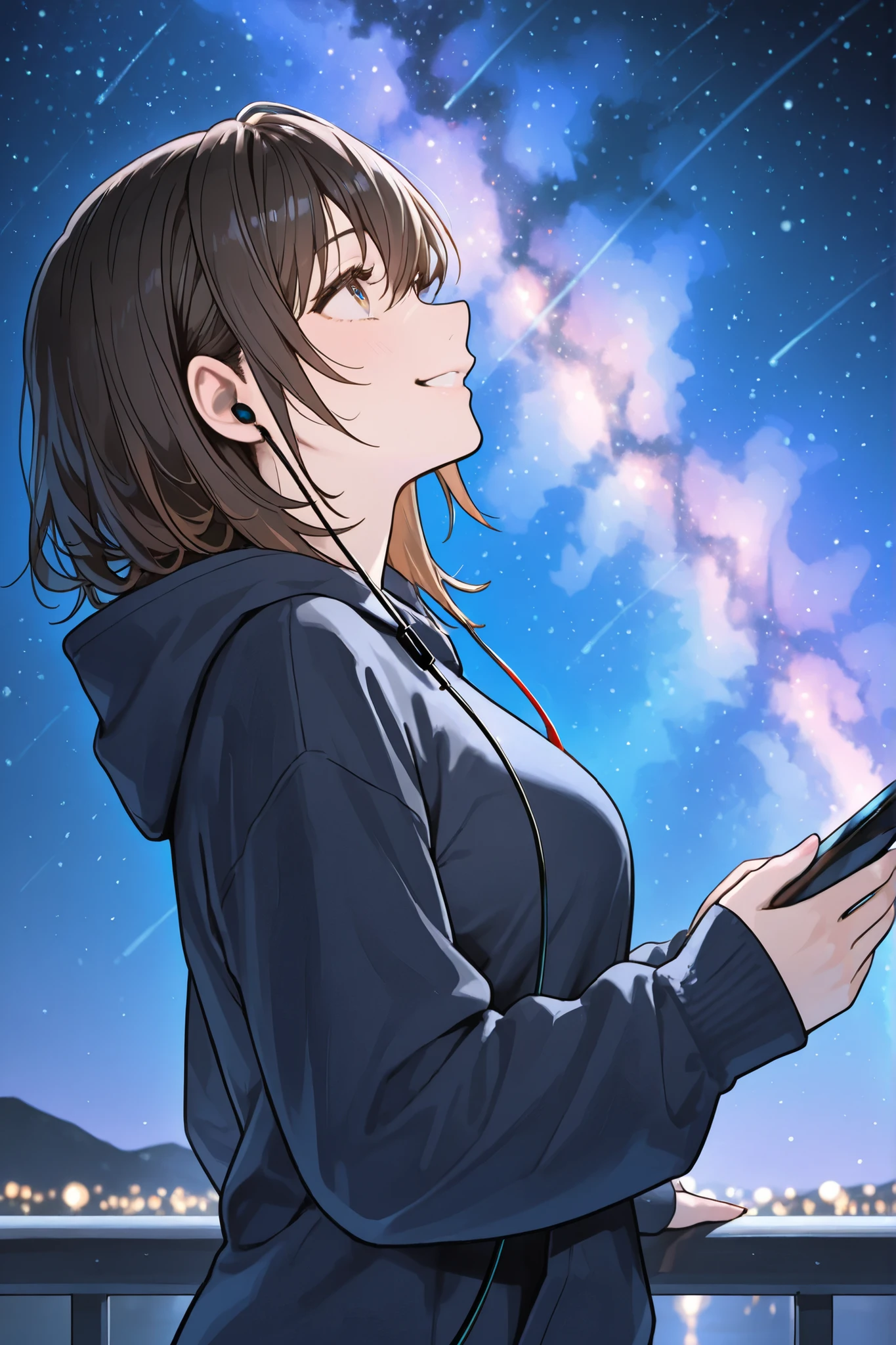 huge Milky Way、girl looking up at her smartphone、 wearing earphones 、smile slightly、Night bank