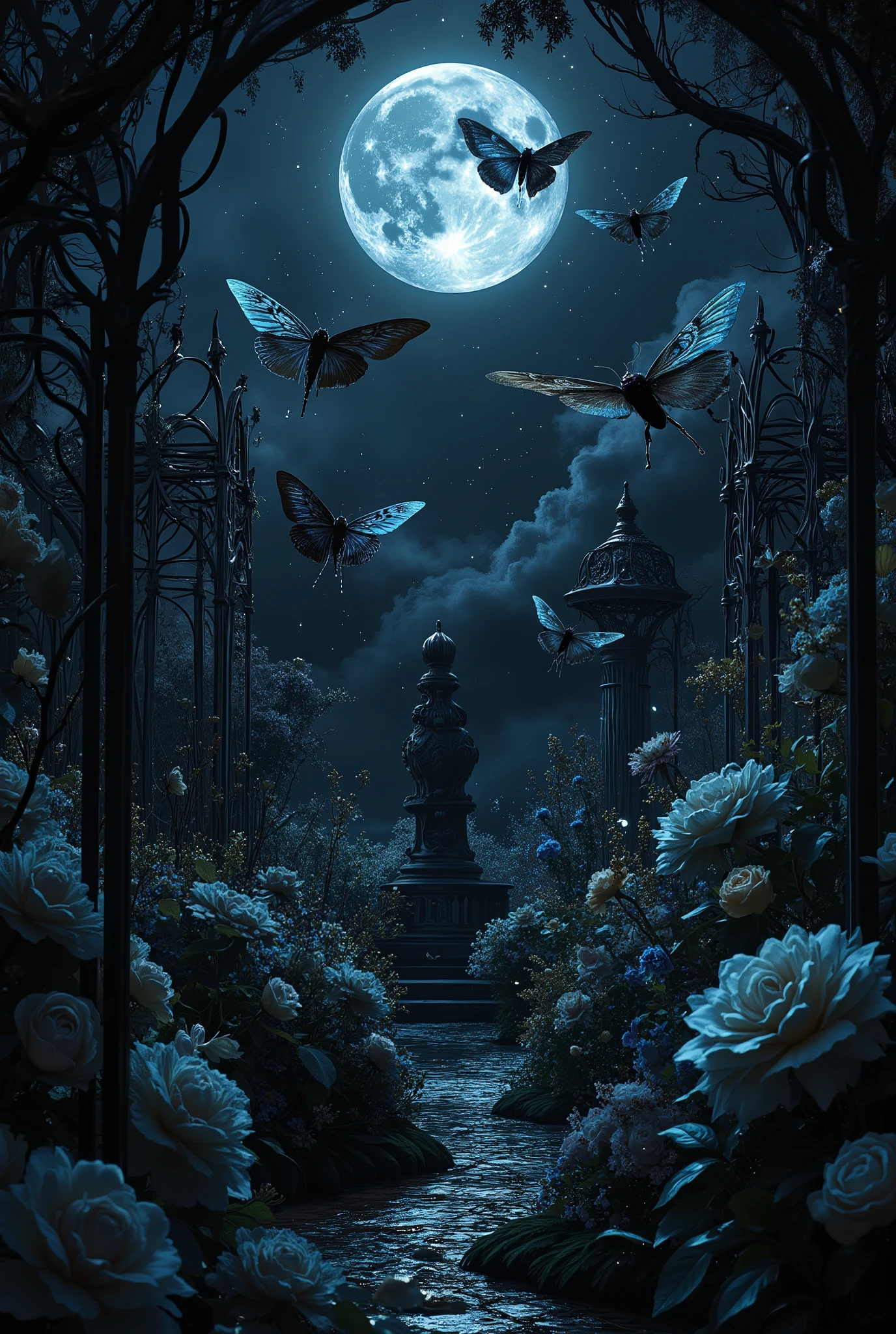A beautifully detailed garden with dark colored moonflowers and roses, Moonlite sky, gothic garden asthetic, luna moths flying in the sky