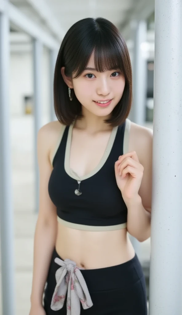, (wearing sports , side-tie :1.4), top:black, (selfie shot:2), (Close Up: small chest:1.5),from above,(small chest:1.3), Top quality, 1 beautiful Japanese woman, teen,high school student,(18 years old),medium hair, (brown hair:1.2), Ultra-realistic capture, Highly detailed, High resolution 16k close-up of human skin. Skin texture must be natural, With such detail that pores can be finely identified. Skin should look healthy, In a uniform tone. Use natural light and color,