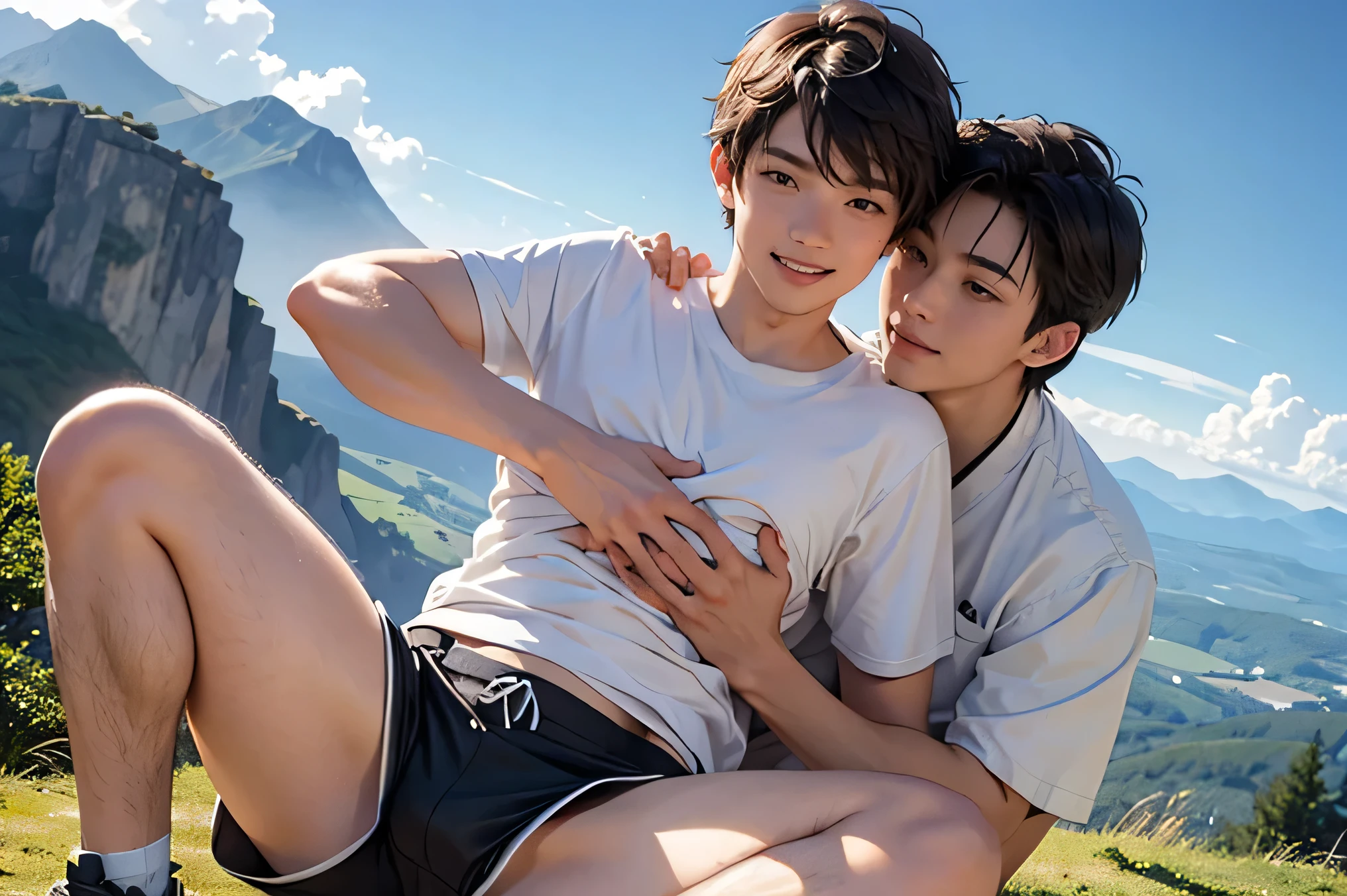 Adult Male handsome guys Japanese slim figure Thin short hair dark haired whitetshirt White Shorts 白のknee-length shorts My crotch when my legs are open Plateau the background is a beautiful sky and mountains Make your face bigger looking at the camera and smiling Groping the crotch slim figure
