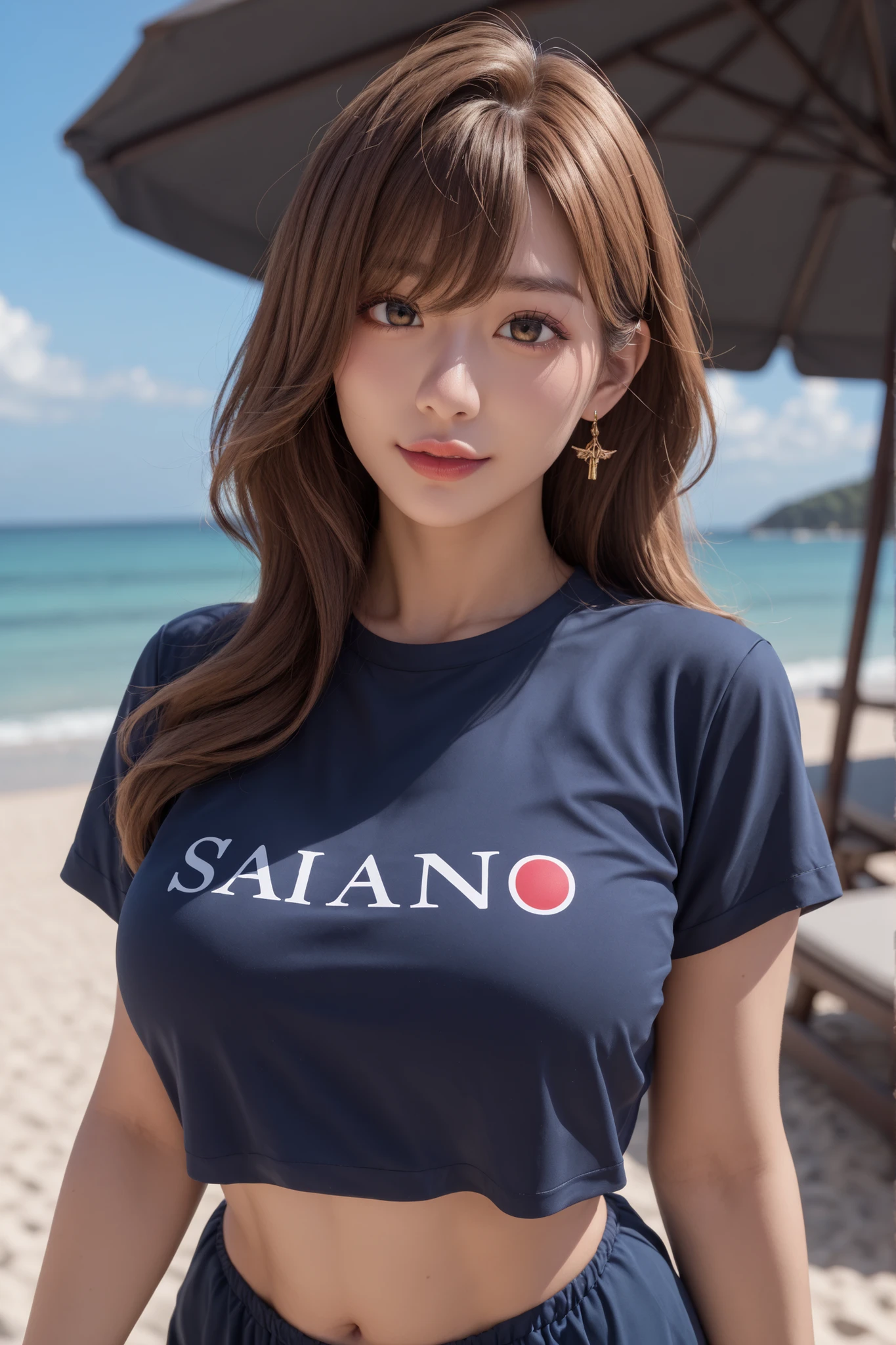 A brown-haired Japanese woman wears a dark blue t-shirt on、 Navy Blue Bikini、beach just 2 hours on a private beach、、Sexy Poses、saito miyako、BIG BREASTS、glamorous figure