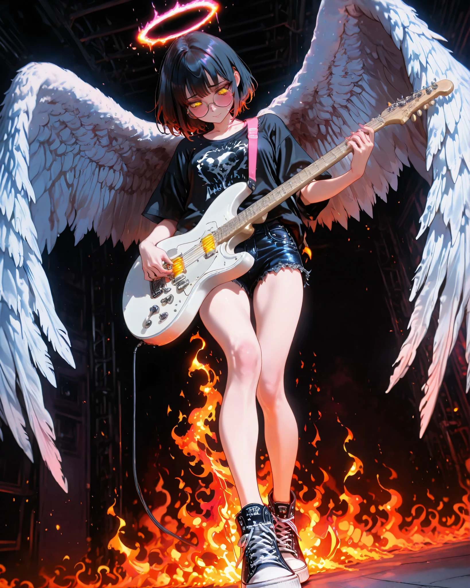 front angle, close-up, (masterpiece, 4k, ultra detailed, vivid colors, dynamic pose), {1woman}: (a beautiful and attractive woman, short black hair, expressive yellow eyes, wearing round prescription glasses, huge angel wings on her back, a black t-shirt with pink stripes, short black denim shorts and Converse sneakers, standing, playing a white guitar with wing details on the guitar neck with a shy expression looking down), a stage in the middle of hell, with flames and flares, all in warmer and reddish tones, perfect lighting creating shadows