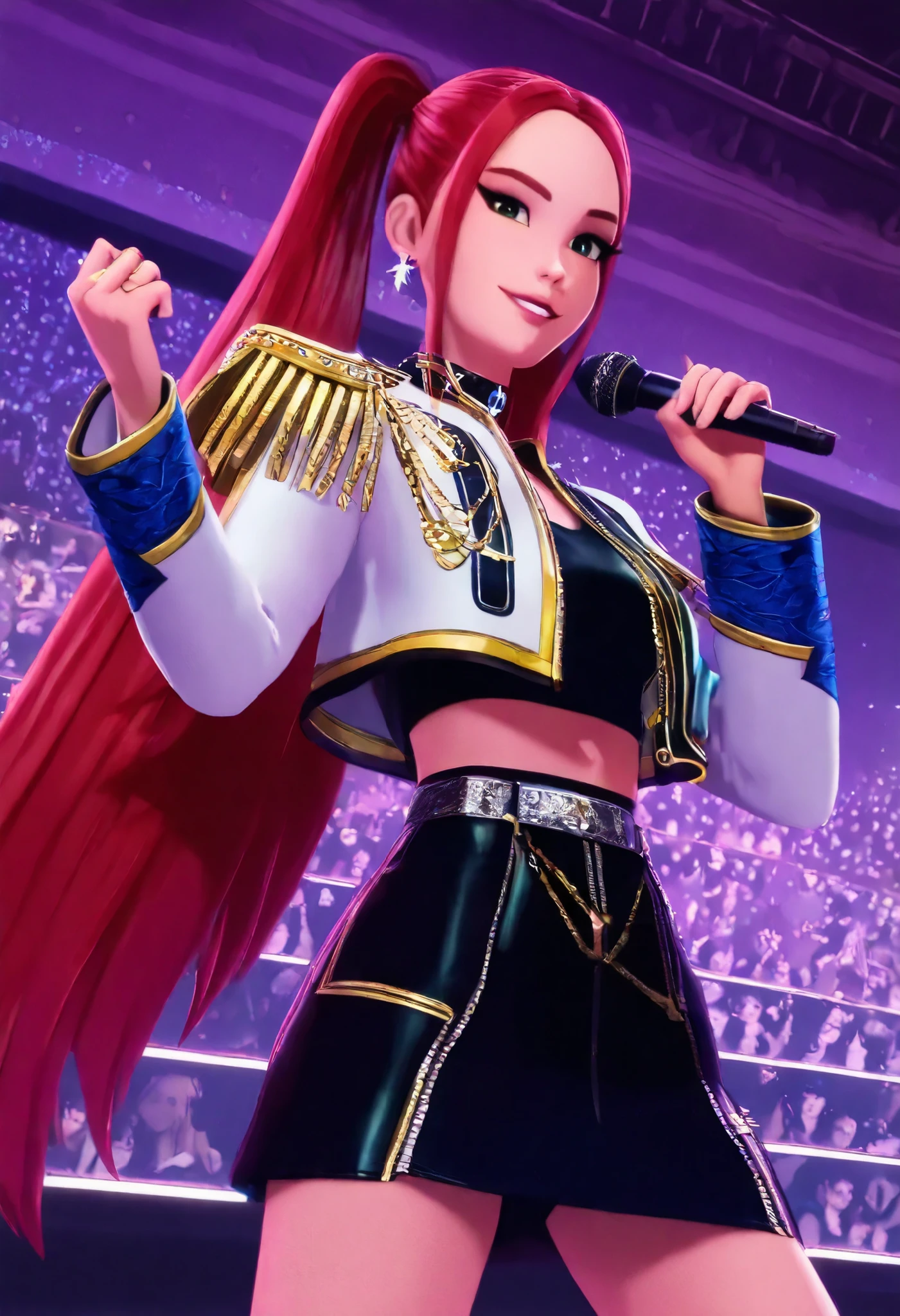 Mira (K-POP デーモンハンター) ,  1girl , vramsMira , long hair , makeup , open clothes , Epaulette , k-pop , esthetic , , twin tails , Open Lips , white jacket , black crop top , choker , skirt , Glow ,  3d style 1girl, solo, 3D,, bloodstained stage with microphone , from below , Dramatic Angles , Dutch Angle , cowboy shot in a dirty abandoned house , 3/4 Angles , on stage , audience , viewers , Smile Yan , elegant
顔, elegant