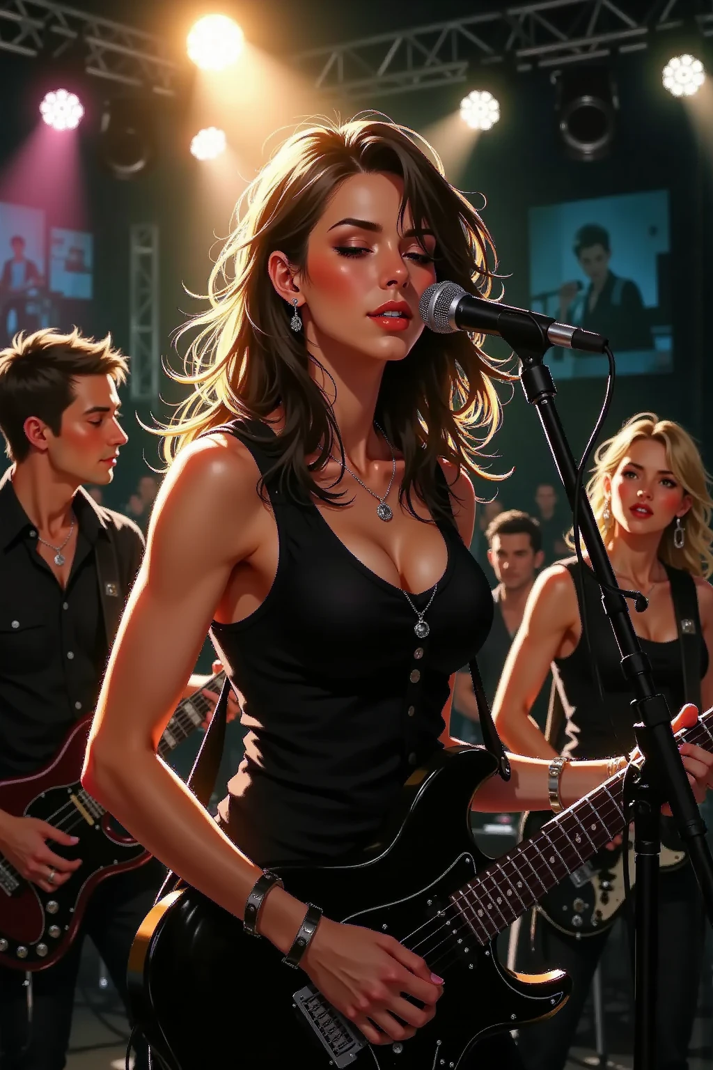 italian mom and her daughters on top of a stage playing hard rock music, hard rock  dress