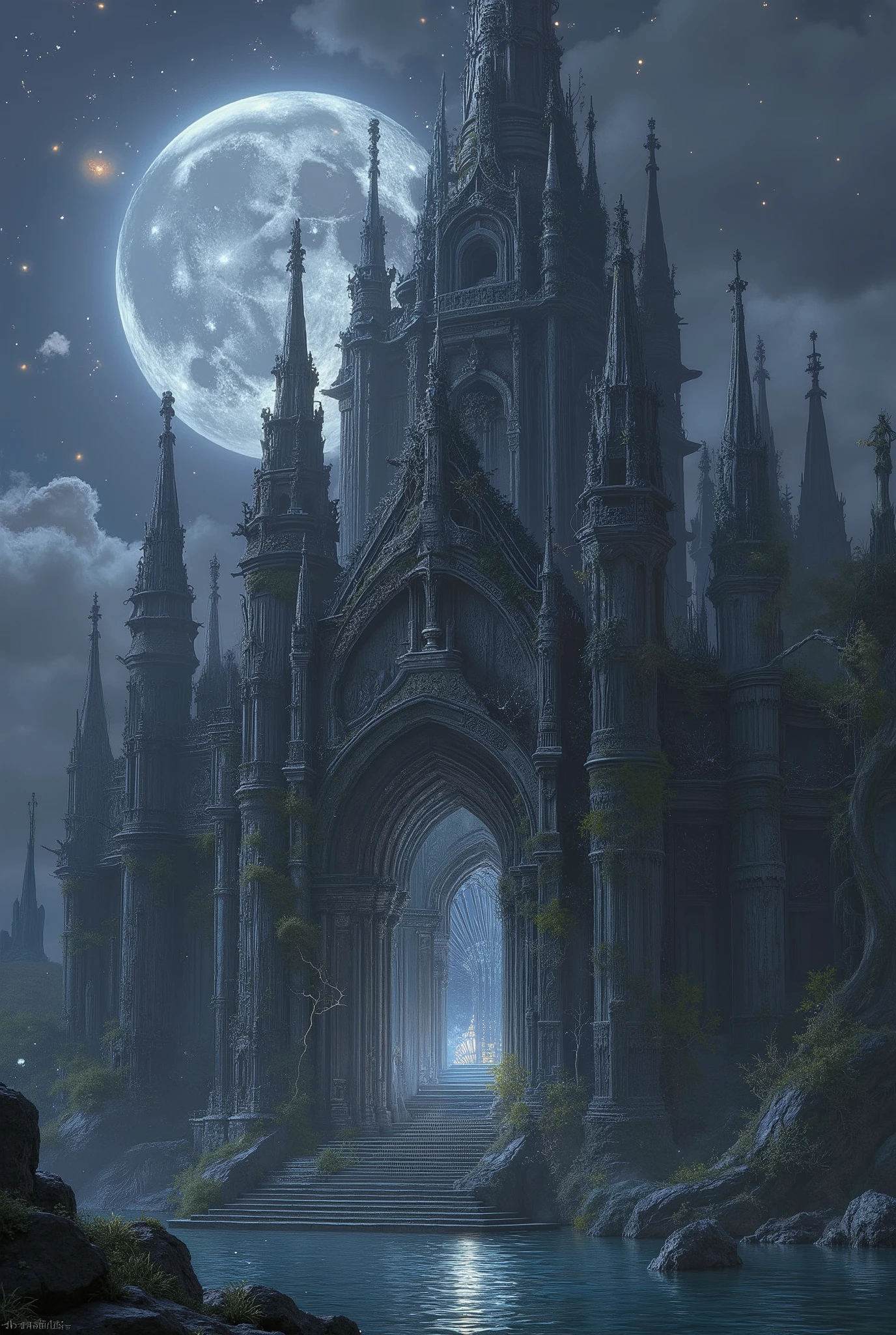 A beauitfully detailed temple, dedicated to a moon goddess, dark colores, gothic asthetic, beautiful gleaming waters, moonlite alatar.