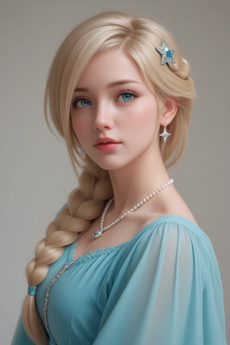 Standing female figure with long blonde hair, green eyes, a blue dress, and golden accessories. Extremely detailed skin, detailed beautiful face, high detail eyes, photo-realistic, soft light, solo, full body. (Best quality, UHD, 8K wallpaper, High resolution).