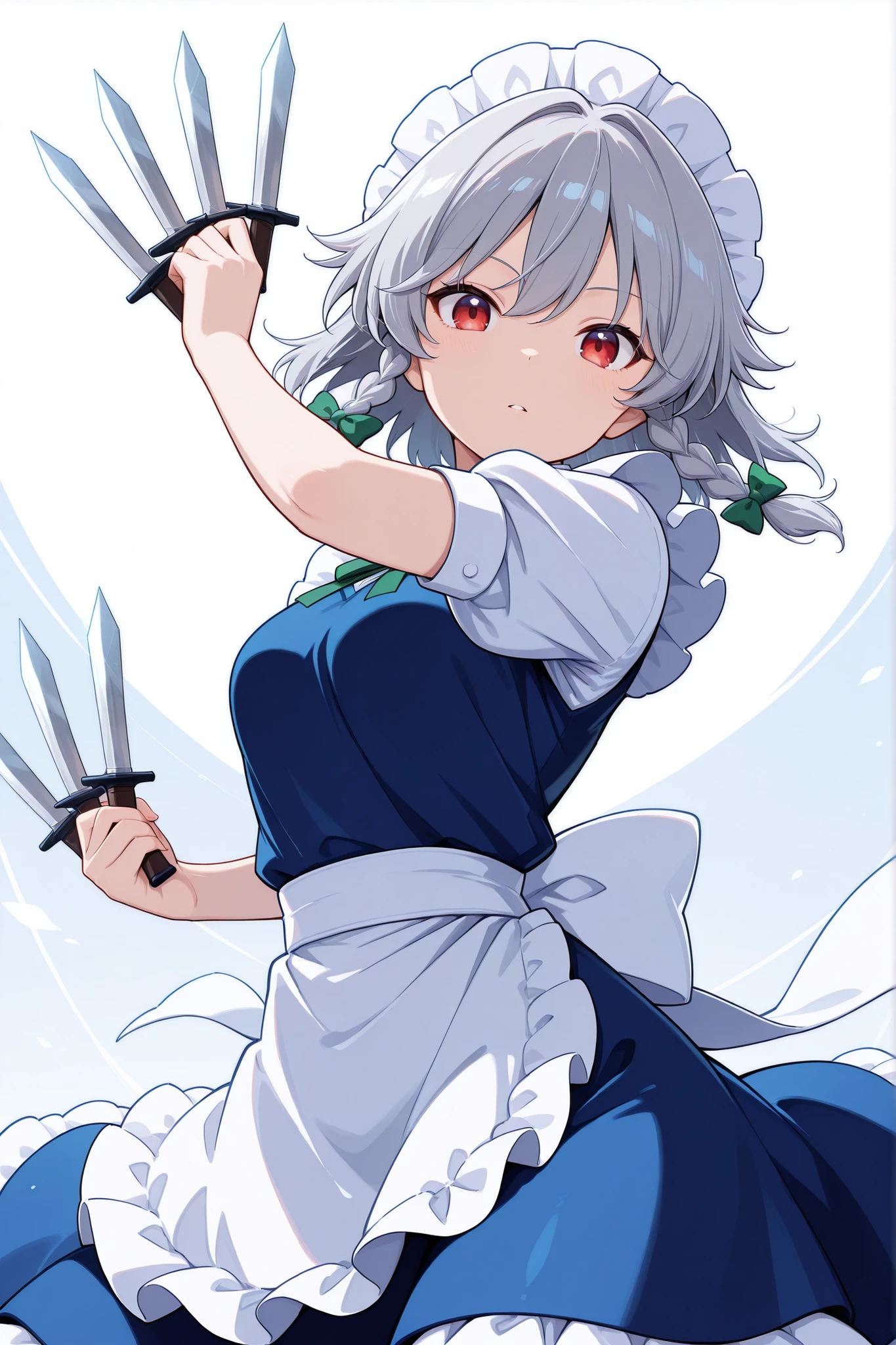 ((傑作)), (最高品質:1.2),1girl, izayoi sakuya (touhou), red eyes, maid, medium hair, twin braids, grey hair, maid headdress, blue dress, puffy short sleeves, maid apron, waist apron, white apron, green bow, hair bow, waist bow, white bow, knife, knives between fingers,((dynamic pose)),looking at viewer,