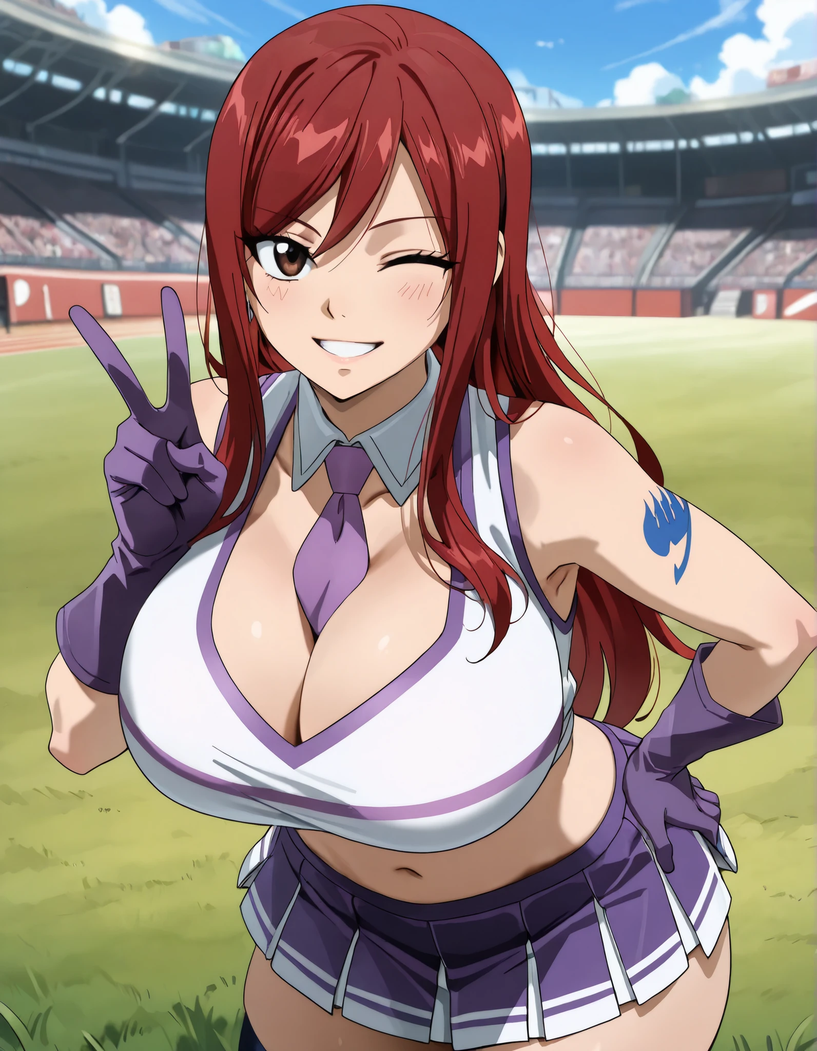 (best quality, masterpiece, ultra detailed, high resolution), Beautiful , tall, score_9, anime style, Masterpiece, best quality, 1girl, purple necktie, solo, <lora:Fairy_Tail_-_Erza_Scarlet_-_Illustrious:0 . 8>, Erza Scarlet,red hair, long hair, brown eyes, mature, ,, , ,, purple choker, detached collar, cleavage, thick thighs, look at viewer, smiling,  shoulders, purple gloves, , purple necktie, purple pom-pom, two-tone shirt , white shirt , cheerleader costume, cheerleader , , midriff, crop top, oudoors, lawn background, grass, parted lips , happy, double V gesture, wink one eye, 