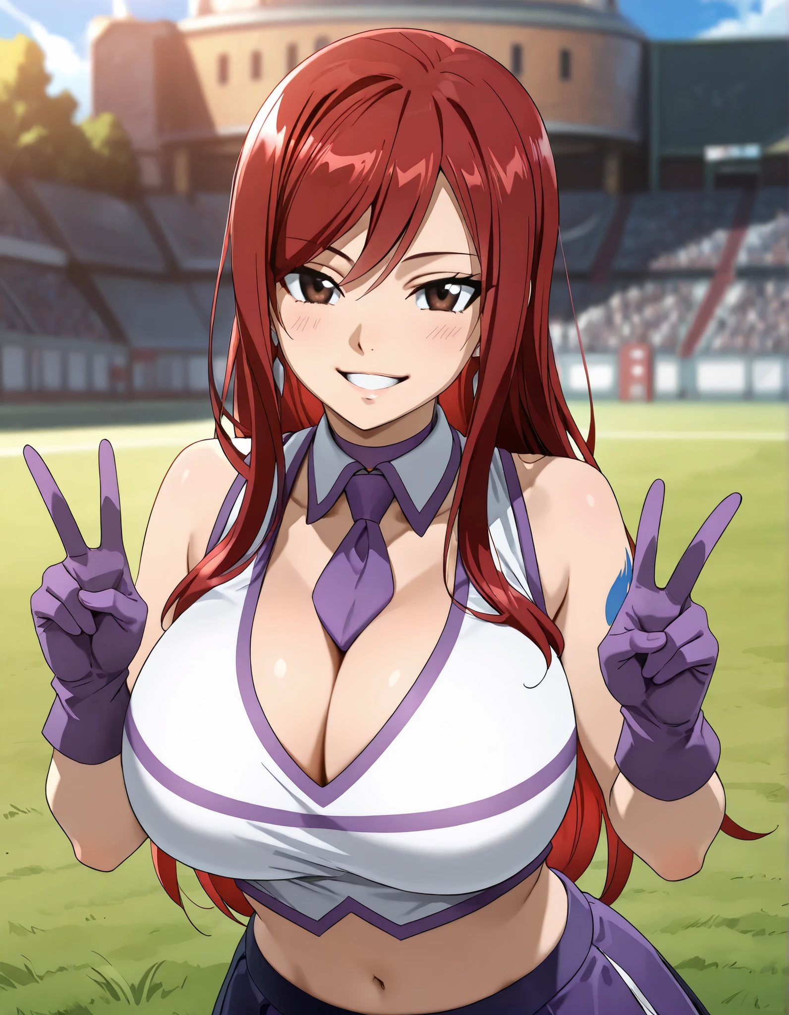 (best quality, masterpiece, ultra detailed, high resolution), Beautiful , tall, score_9, anime style, Masterpiece, best quality, 1girl, purple necktie, solo, <lora:Fairy_Tail_-_Erza_Scarlet_-_Illustrious:0 . 8>, Erza Scarlet,red hair, long hair, brown eyes, mature,  ,, , ,, purple choker, detached collar, cleavage, thick thighs, look at viewer, smiling,  shoulders, purple gloves, , purple necktie, purple pom-pom, two-tone shirt , white shirt , cheerleader costume, cheerleader , , midriff,  crop top, oudoors, lawn background, grass, parted lips , happy, double V gesture, 