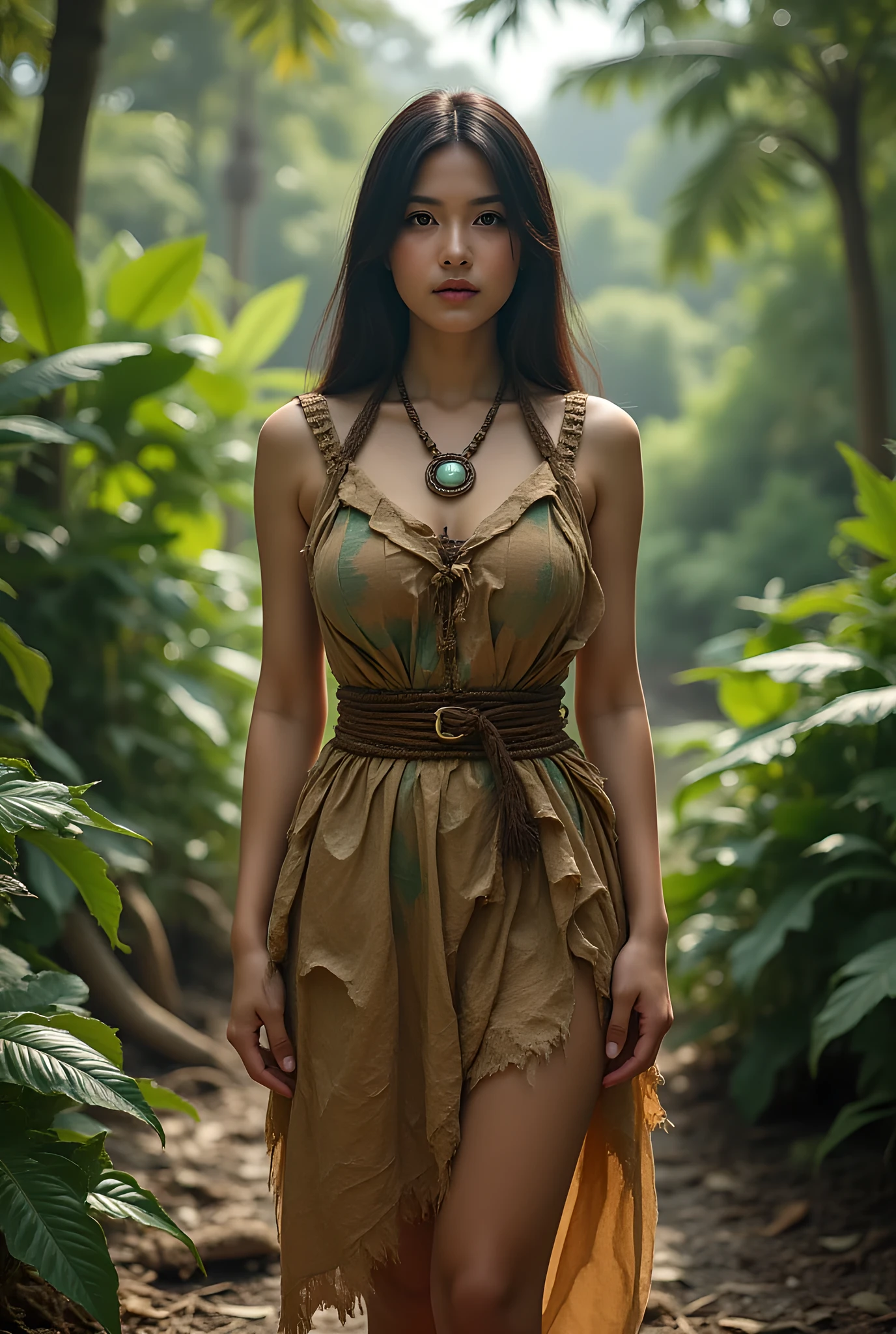 Mesolitikum, 

((Realistic cinematography  intricately angle of primitive tropical deep jungle on the landscape background)),during prehistoric age era,female primitive priest,she is wearing simple folk traditional primitive,((leaf fabric)),long tunic dress,she is a primitive sage,holding ceremonial tribe staff,walking gracefully motions,(perfectly busty fully body|curvy|cinematic dynamically environmental wide camera angle scenery:accurately depicted:1.3),the lively prehistoric dense foliage depicting scenery,, realistically full depth,(cinematography dynamic angle|hyperrealistic:realistic scenery:3d texture over the scenery),,summer season,(cinematography vibe),,(dynamic image composition),(octane 3d rendering|50mm lens shot:1.3),(lifelike skin texture:lifelike hair),(best rule of third photography composition),(best image aperture),(full details depth of field),(best shutter speed),(RAW photo image),(photorealistic|photorealism:hyperrealism style),(realistic depth 3d:cgi:1.3),(trending on cgsociety:devianart:unreal engine 5),(best photography:national Geographic style),tikipunkAi and solarpunkAi artwork, digital art,best lighting concept,realistic fixed human anatomy body, hands, and fingers anatomy, inspired by farcry5 game artwork.