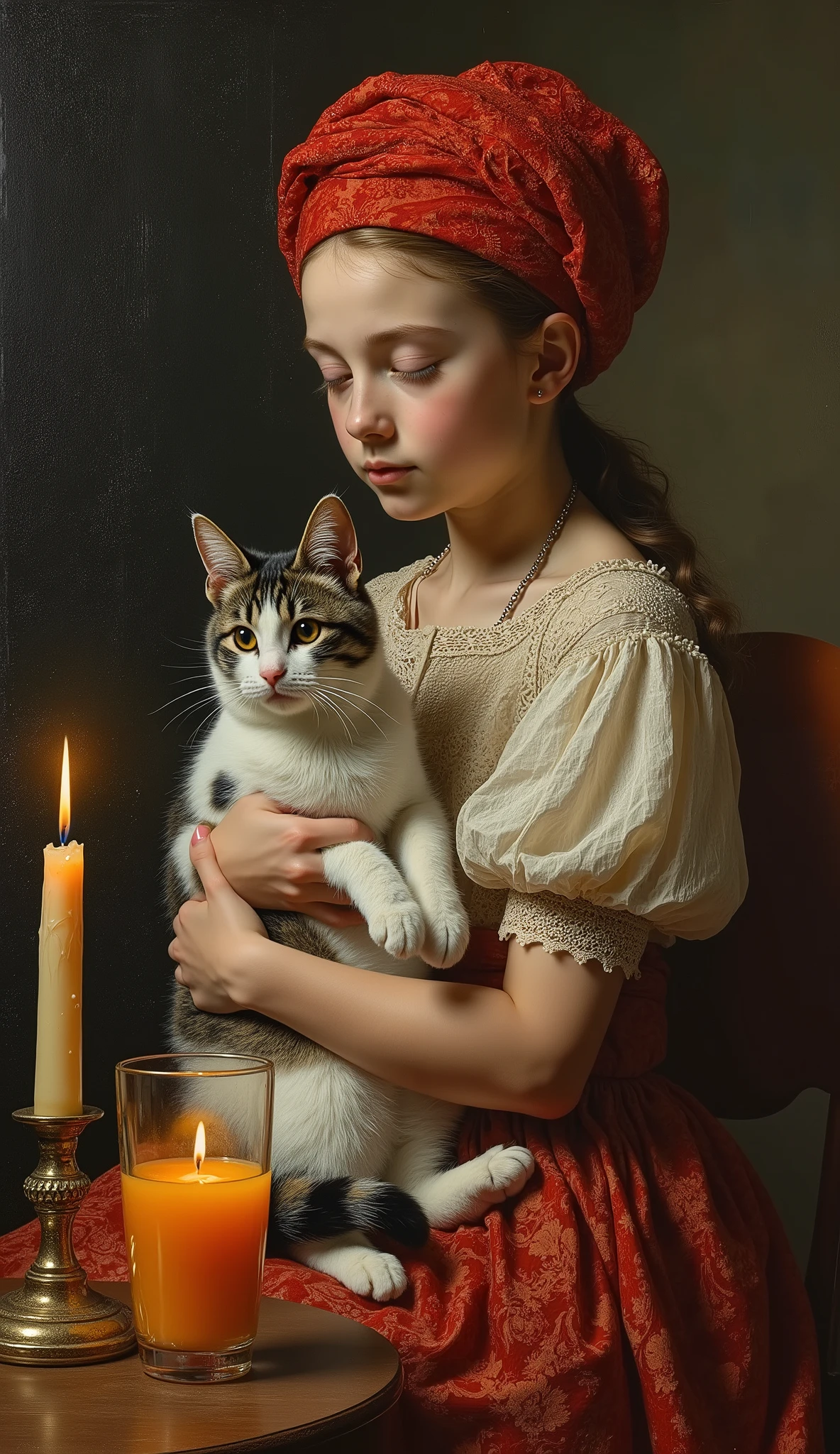 created a painting with oil painting with huge details , In the style of the artist Leonardo Davinci , The art of the era of European Renaissance , A fully detailed painting of a teenage girl ( 18 years) She is sitting on the chair and holding her white and black cat in her arms and wearing a red lace turban and
The girl wears a decorated lace skirt, puts a glass of orange juice and a burning candle on a table with a dark background. The picture seems cinematic, the angle of view is not taken from the top, an aerial view