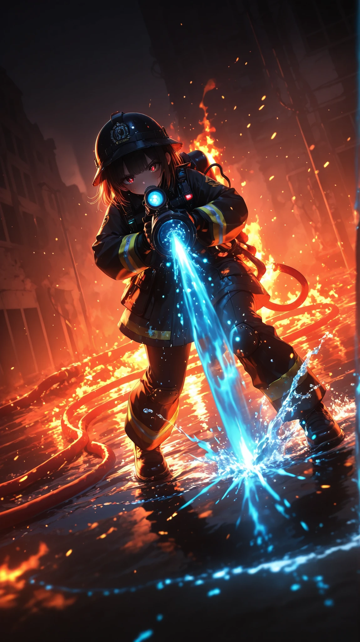 A scene of firefighters spraying water at a fire scene , The building is on fire , She is spraying water toward the fire to extinguish it , break ,
(((Water sprays forcefully from the tip of the fire hose))) , aiming a fire hose at down , water jet blue effect , break ,
Firefighter girl ,little, ultra cute , baggy clothes , soot-stained skin, soot-stained clothes , Dynamic Action Pose , Background of the Fire Scene ,
break ,
( ambient occlusion:0.9 ) , masterpiece , best quality , ultra-detailed , high resolution , extremely detailed CG , unity 8k wallpaper , super detailed skin , perfect anatomy , detailed beautiful face , detailed beautiful eyes , highres , chiaroscuro , highly detailed background , elaborately designed clothes , dramatic lighting , dramatic angle , light particles , ARW ,