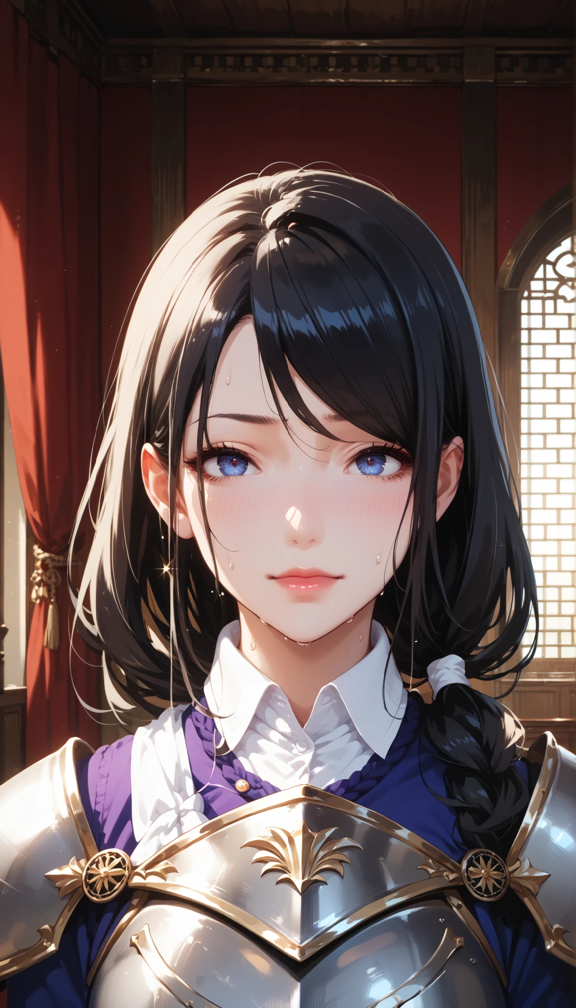 Score_9, Score_8_up, Score_7_up, Score_6_up, Score_5_up, Score_4_up, Source_anime, anime art, anime style, masterpiece, best quality, 1girl, mature woman, , , Rize Kamishiro,,sweating, looking at  you,   lips, , in pain face, long hair , on, armour, black hair , sword, knight ,