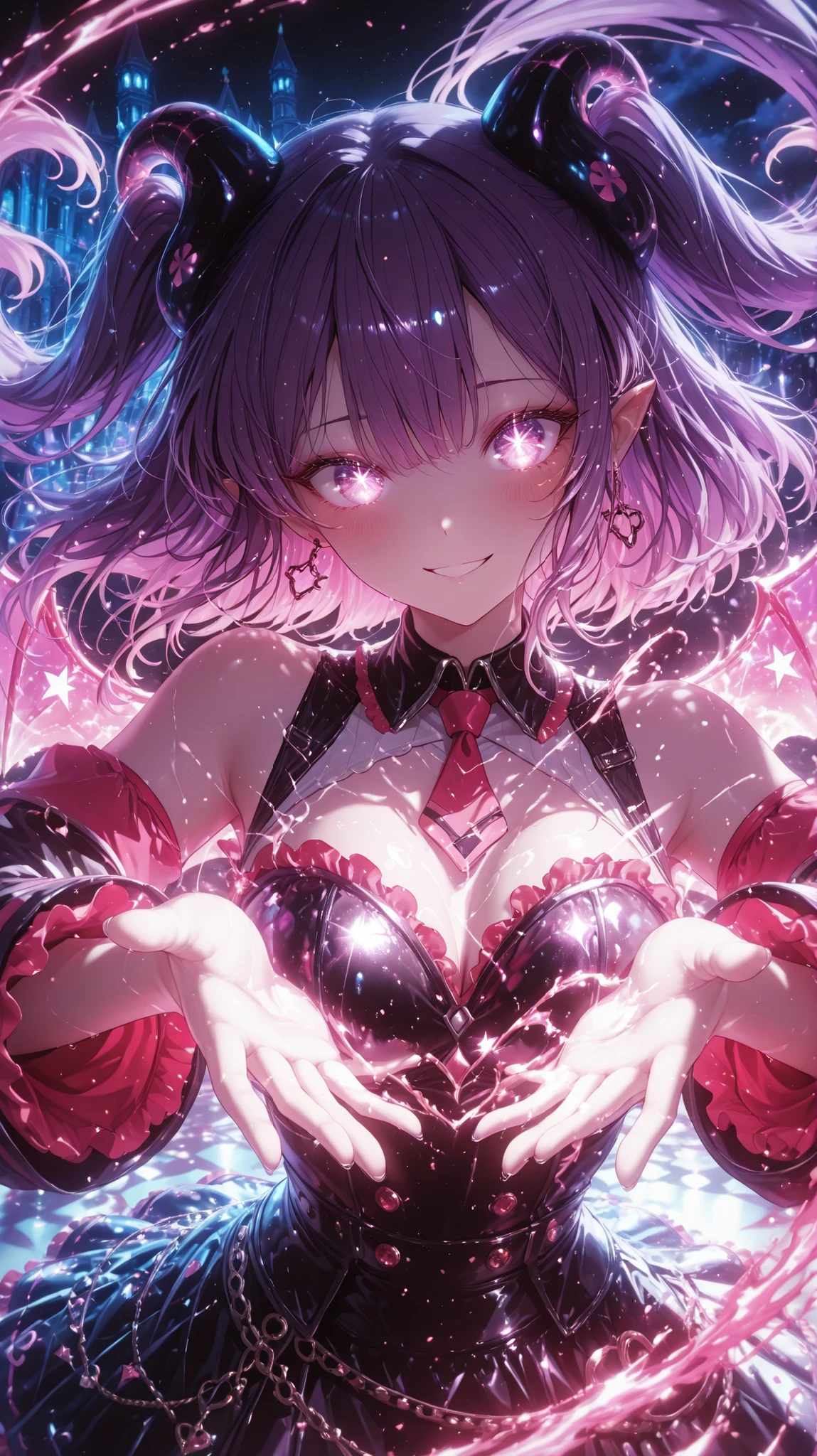 Ultra-detailed, celestial-inspired live performance scene of Lilith's Hell Idol Unit,
featuring Lilith at the center singing passionately, surrounded by demonic and ethereal idols,
stage bathed in crimson, violet, and black aurora lighting, mystical energy waves pulsing from performers,
cinematic anime-style, Yoshida Akimi and Studio Ghibli artistic fusion,
choreographed stage motion with dramatic lighting, glowing magical sigils and halos floating above idols,
emotional and ethereal atmosphere, expressive eyes reflecting infernal power,
flowing hair illuminated by neon and aurora lights, dynamic movement emphasizing body lines,
ethereal wings and demonic aura subtly visible,
poetic panels overlay: "The requiem of the fallen angels sings, the lost voices reach the children of light",
background includes gothic architecture and swirling mystical clouds,
8K resolution, VR anime style, 30-50 sampling steps, CFG 7-12