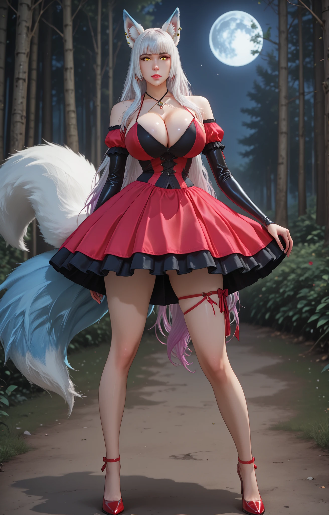 SteelLadyNanaseDress, (two colored dress, red dress, black dress), frilled dress, criss-cross halter, (crosslace corset), thigh straps, black elbow gloves, glossy gloves, red highheels,,Emilie de Rochefort, white hair, very long hair, wavy hair, fluffy animal ears, kitsune, full body , welost, cute face, alternate costume, no panties, halter neck, solo, plunging neckline, posing, realistic, off shoulder, shiny skin, thin straps, tight dress, latex, off shoulder, transparent dress, Monster Macromastia , portrait, sexy poses, slender legs, 1 girl, single, perfect face, perfect anatomy, kitsune, extremely detailed, yellow eyes, more details, kitsune, many blue tails, white hair, fox ears, belly button, lips, , gradient hair, long curly hair, multi-colored hair, single, white long fluffy hair looking at viewer, massive breasts, huge breasts, saggy breasts, ear piercings, necklace, fox ears, moon resolution, forest, sakura in the garden, night, extremely detailed, 8k, hdr, cowboy shot